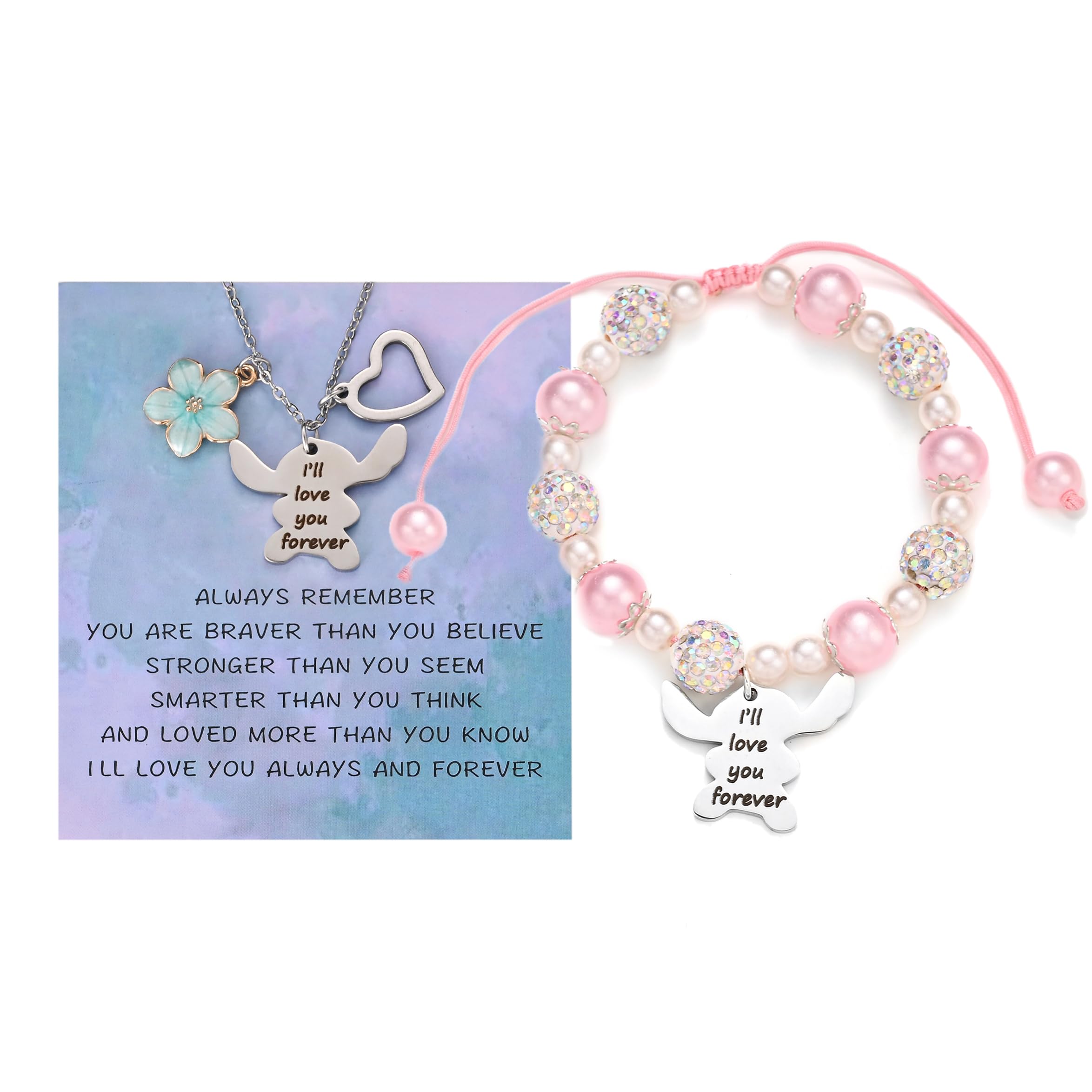 Cute Bracelets Necklace Jewelry Set for 2 Pink Pearl Bracelets Beautiful Gift,Birthday Christmas for Women