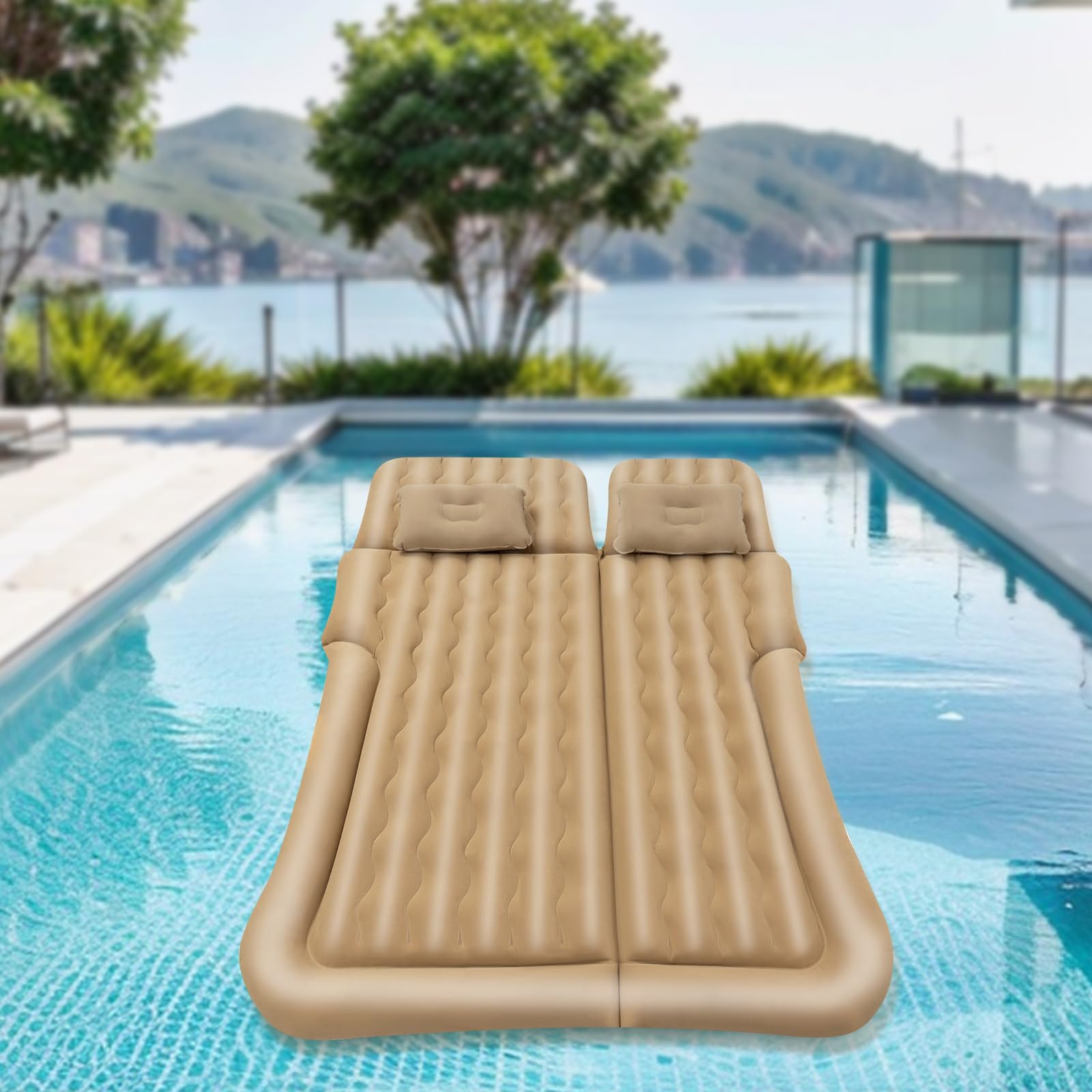 Materasso ad aria per auto, SUV e campeggio, con pompa e 2 cuscini, autogonfiabile, portata: 250 kg, per viaggi, campeggio, attività all'aperto, 174 x 126 cm (beige)