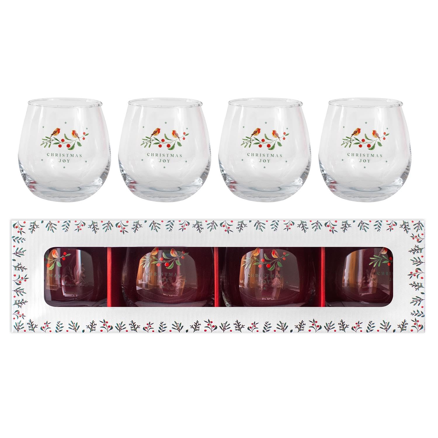 Set of 4 Glass Drinks Tumblers Red Robin Christmas Joy Festive Holly 440ml