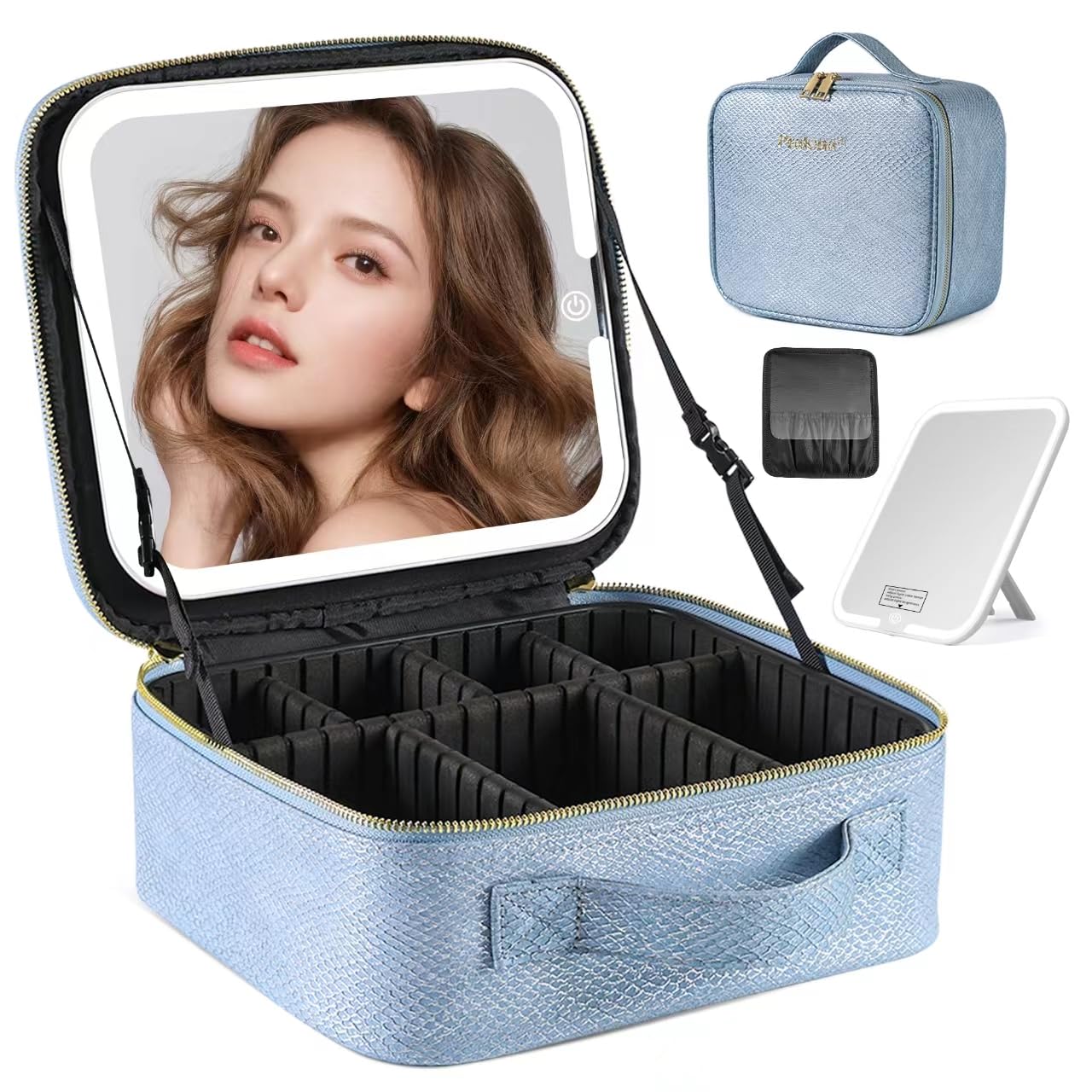 PRALENA Portable Travel Makeup Bag with Mirror and Light - 3 Colors,Adjustable Brightness Spacious Cosmetic Organizer,Mermaid Shine Blue