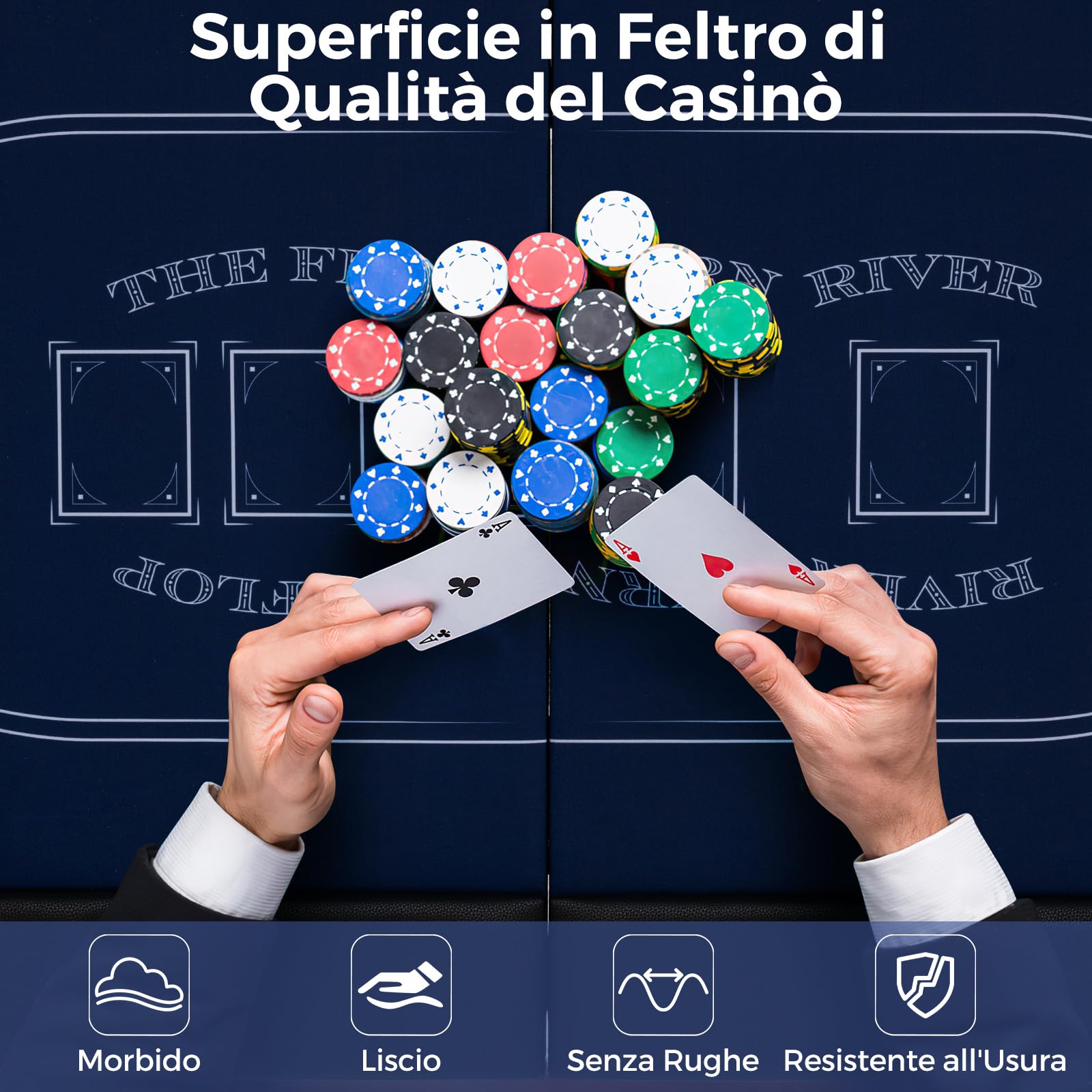 RELAX4LIFE Tavolo da Poker Pieghevole per 8 Giocatori, Tavolo da Texas Holdem Portatile con Fascia Imbottita, Supporti per Bicchieri in Metallo Profondi, Superficie in Feltro di Grado Casinò (Blu)
