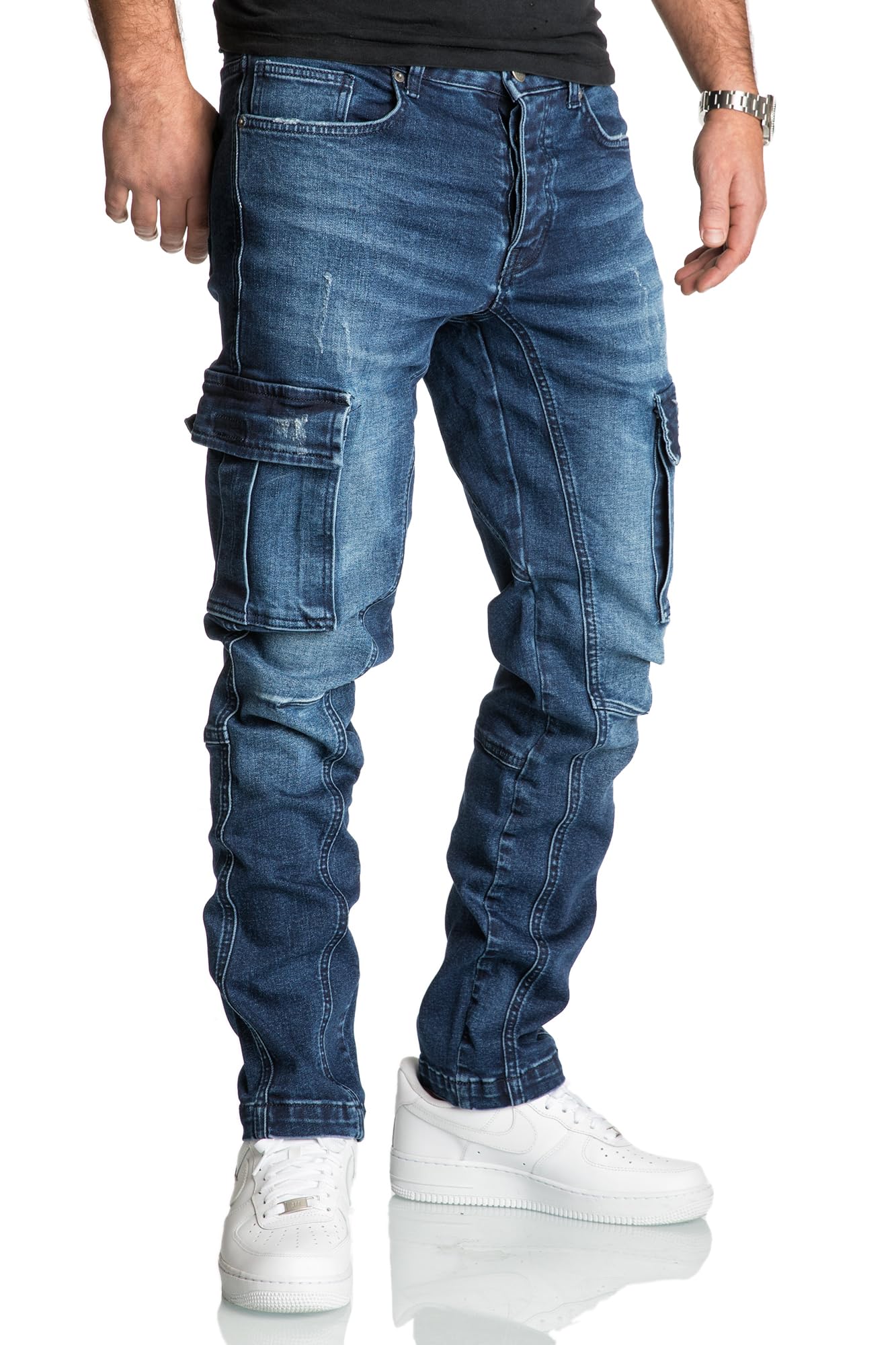 REPUBLIX Herren Cargo Jeans Regular Slim Denim Hose Destroyed R7977