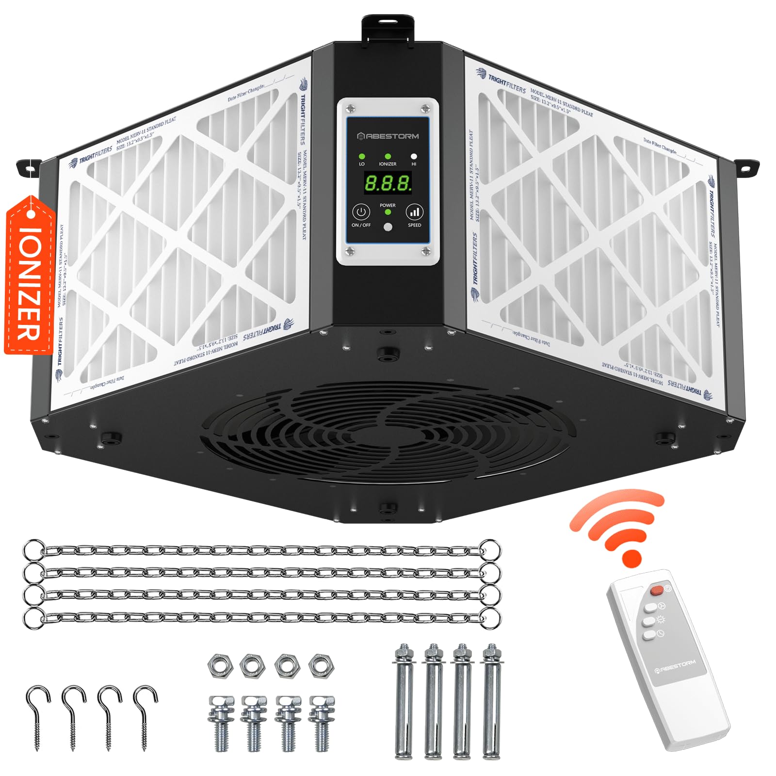 ABESTORM Air Filtration System Woodworking Built-in Ionizer, 1350CFM Hanging Dust Collector with Strong Vortex Fan, 360 Degree Intake, Garage, Workshop, DecDust 1350IG