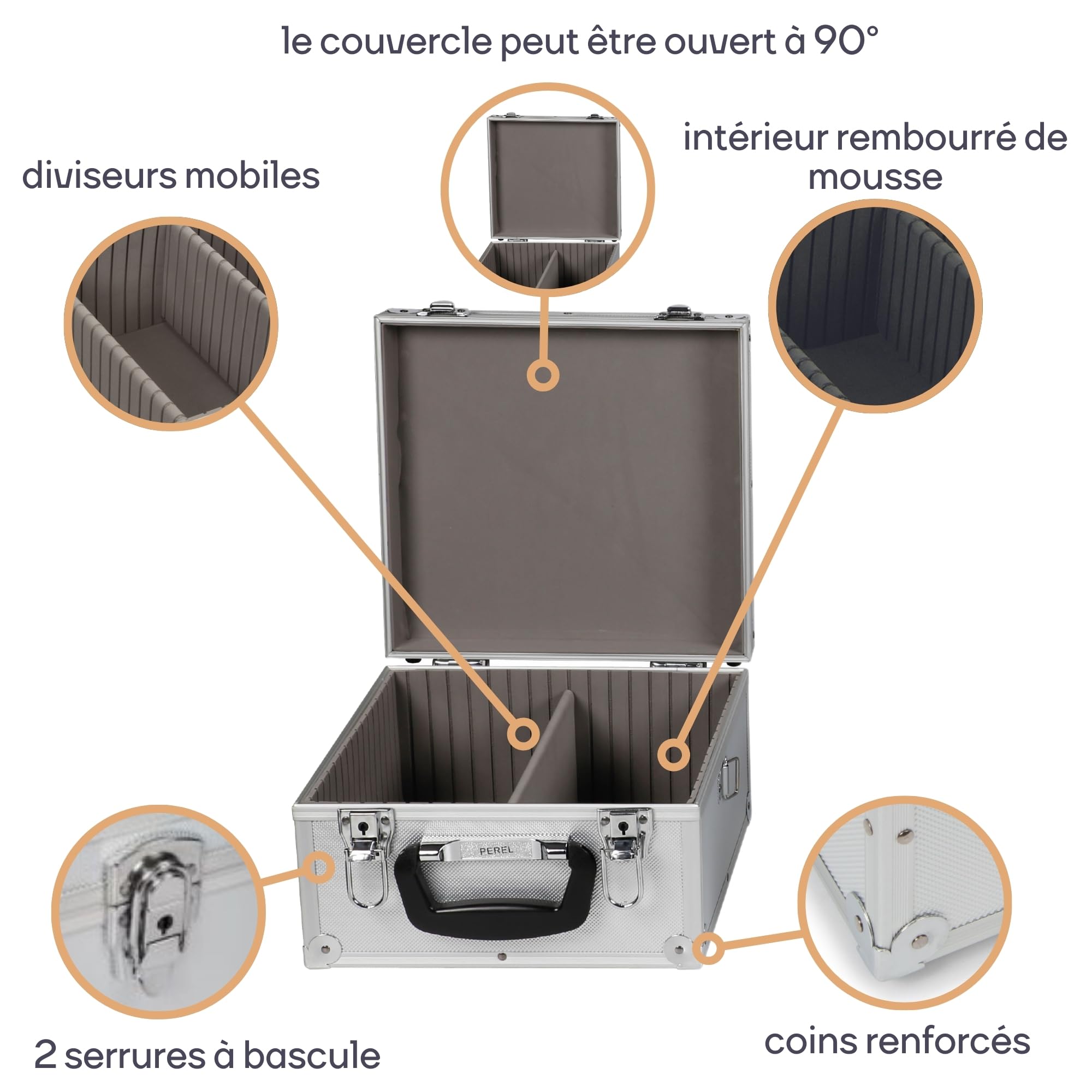 Perel Coffret pour 40 CD, verrouillage à clé, 2 clés, aluminium, 280 x 268 x 160 mm