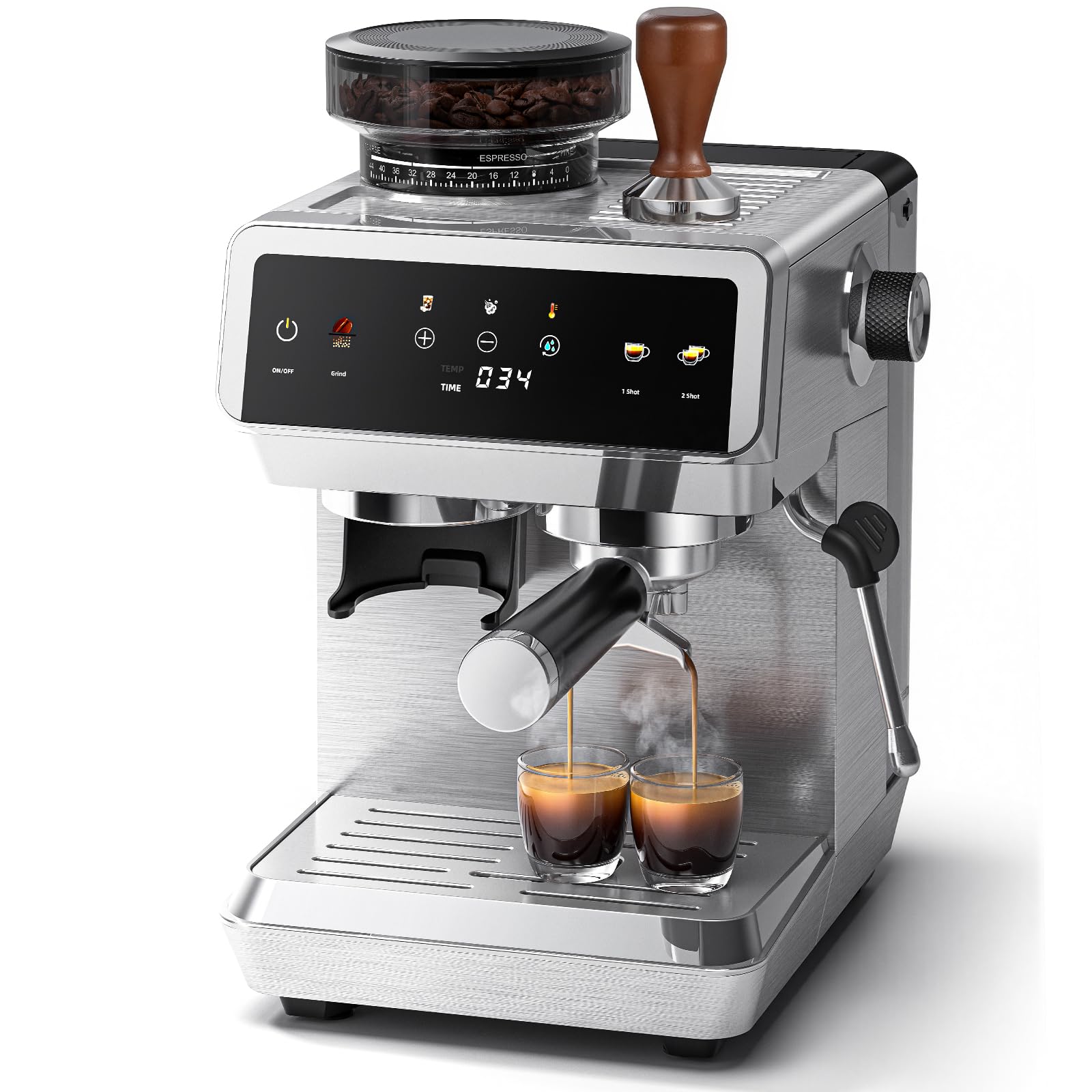 AMZCHEF Cafetera Espresso con Molinillo Integrado 20 Bares – Máquina de Café con 44 Ajustes de Molienda，Vaporizador de Leche, 4 Temperaturas, Función Café Frío, Acero Inoxidable, Depósito 1.8L