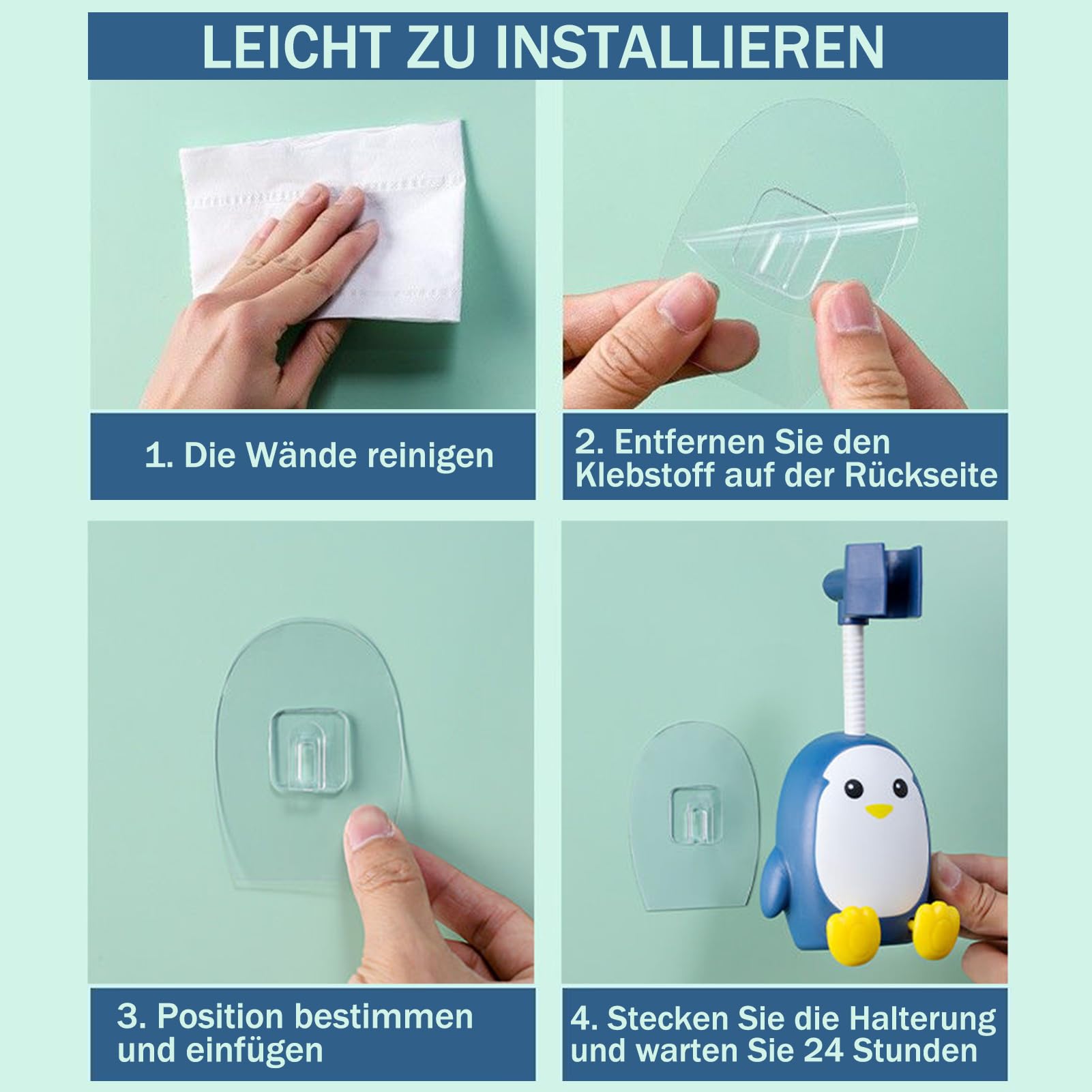 MIUPOO Duschhalterung ohne Bohren Silikon Saugnapf Handbrause Halterung Duschstabhalter Duschkopfhalter Wandhalterung Pinguin Cartoon Duschhalterung, 360° Verstellbar,2 Stücke