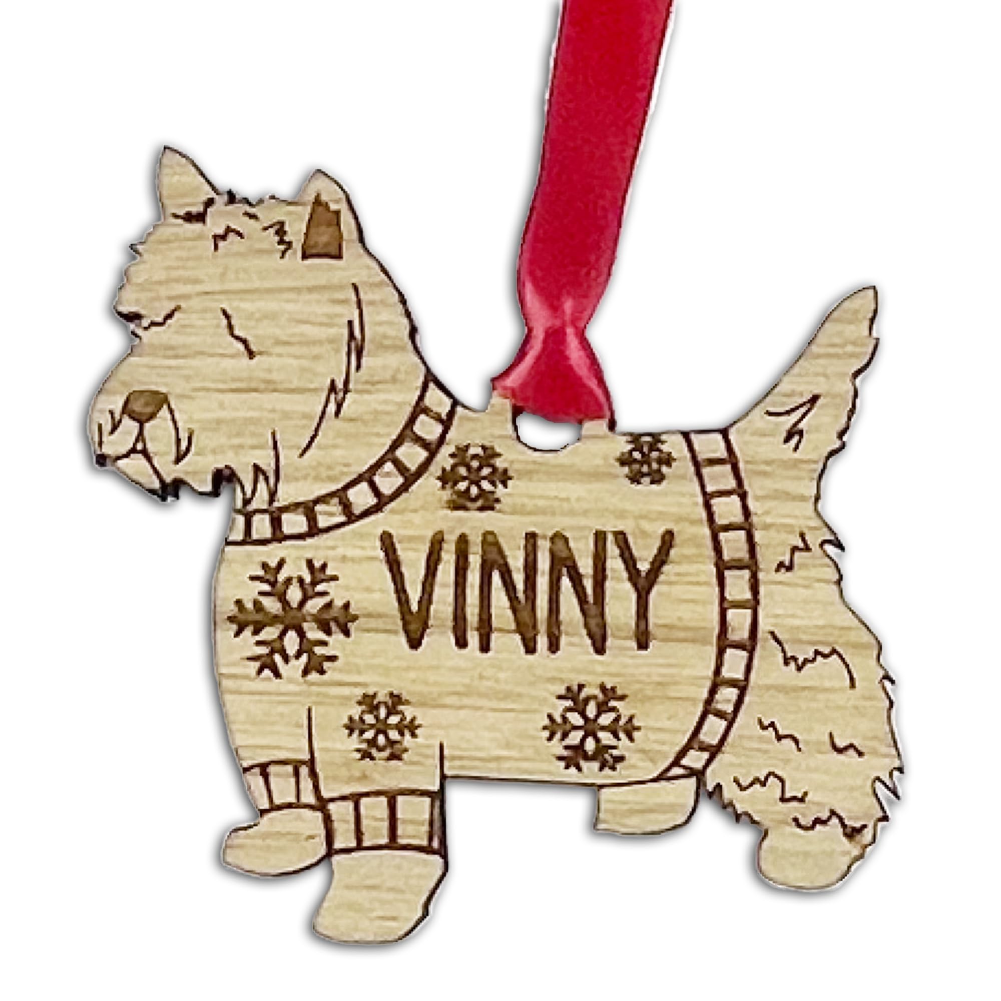 Personalised Westie Dog Christmas Tree Bauble, Jumper with Snowflakes Design, Oak Veneer Wood or White Wood Decoration with Red Ribbon (Oak Veneer, Decoration Only)