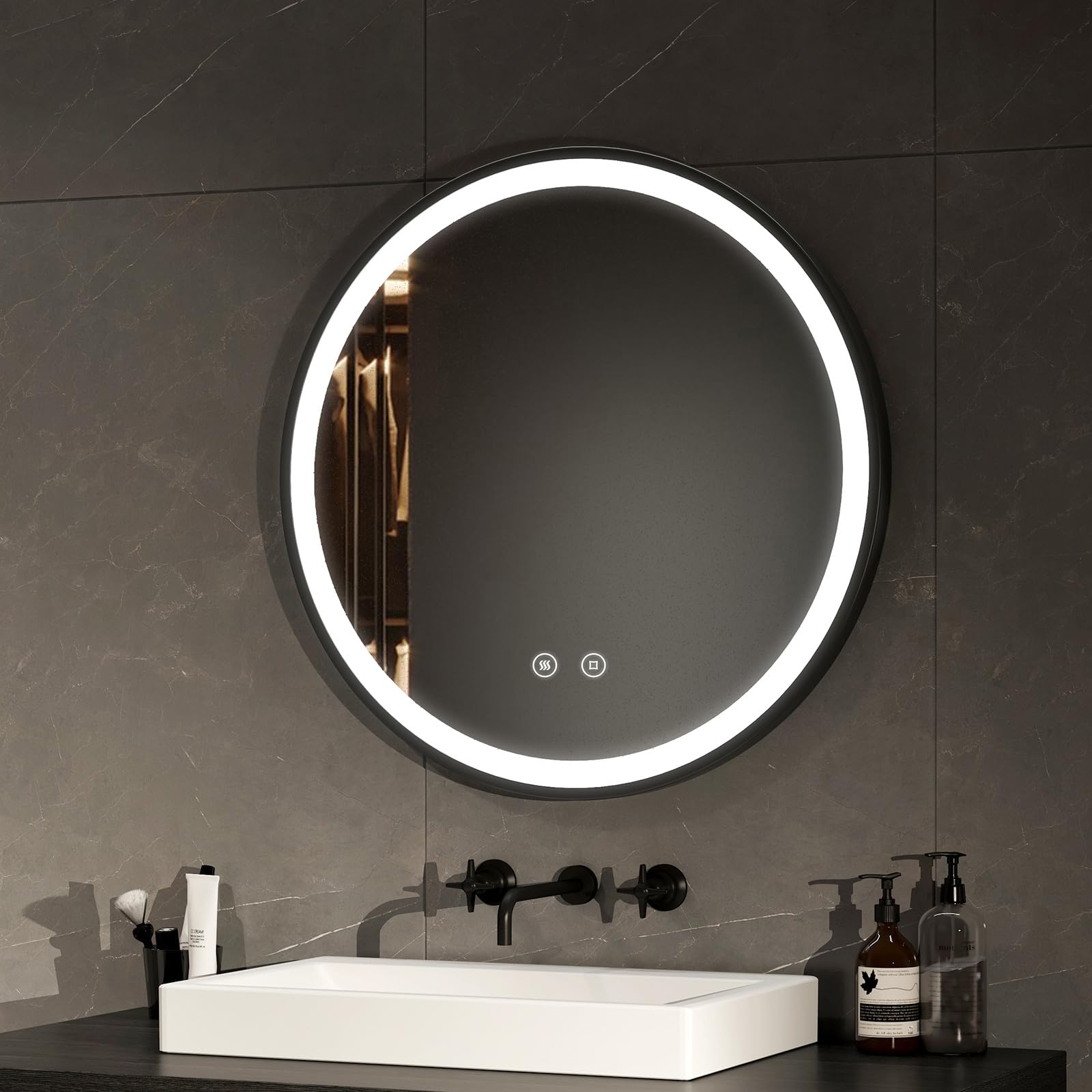 EMKE Espejo de baño Redondo 60 cm, Espejo Redondo Pared con luz, Interruptor táctil y función antivaho, Luz Blanca fría 6500K, Marco Negro y Correa Ajustable