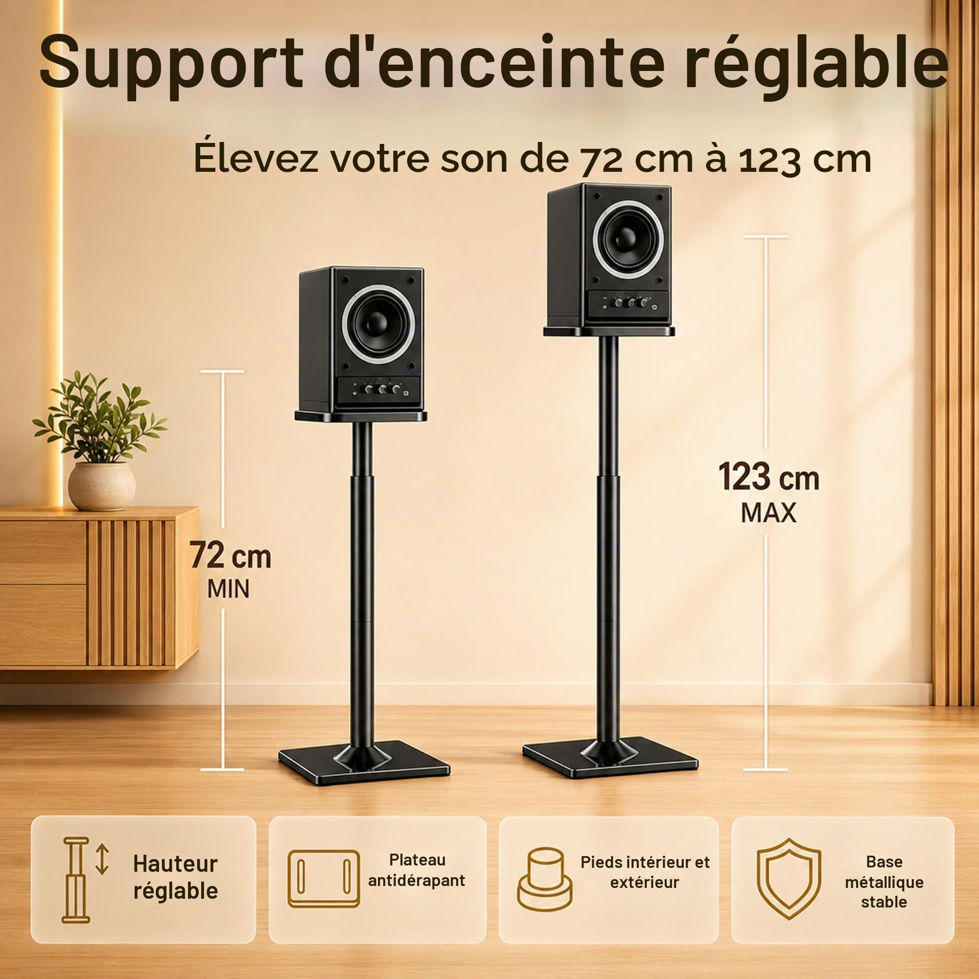 Supports d'enceintes, Lot de 2 Supports de Sol universels pour Enceintes Surround, Hauteur réglable de 72 à 120 cm, capacité de Charge de 25 kg chacun, système de Rangement des câbles, antidérapants