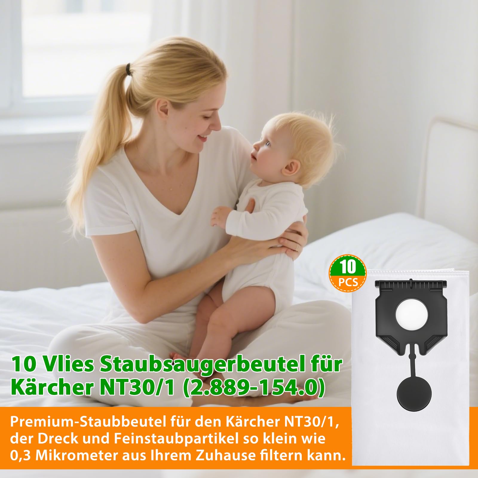 10 Stück Staubsaugerbeutel für Kärcher NT30/1 (2.889-154.0) Vliesfiltertüten, NT 30/1 30 L 30L NT 30/1 Ap Te L, NT 30/1 Ap L, 30L für Kärcher Nass-/Trockensauger Zubehör