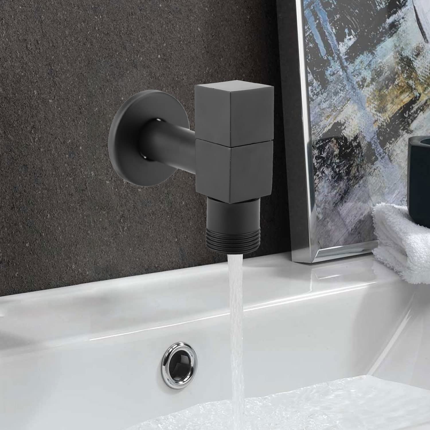 Robinet Lavabo Carré, Noir Robinet d'eau Froide Poignée Carrée en Cuivre de Machine à Laver Robinet d'évier Bassin Robinet d'eau Montage Mural Robinet pour Cuisine de Salle de Bains (G3/4 Thread)