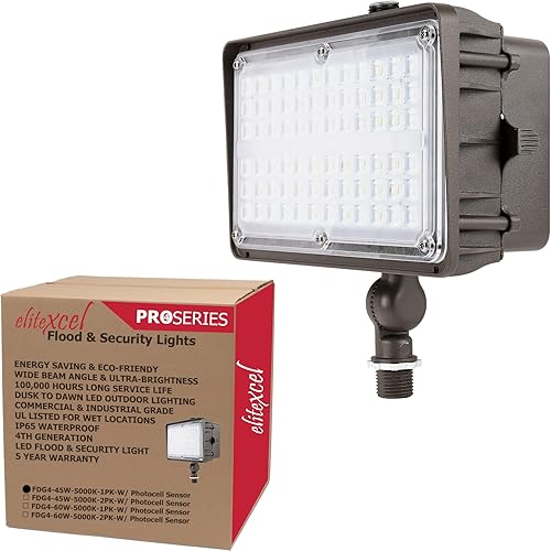 Elitexcel Luces de inundación LED del atardecer al amanecer, Gen4 de 45 W, luces de seguridad industriales comerciales de 5650 lm, 5000 K, luz