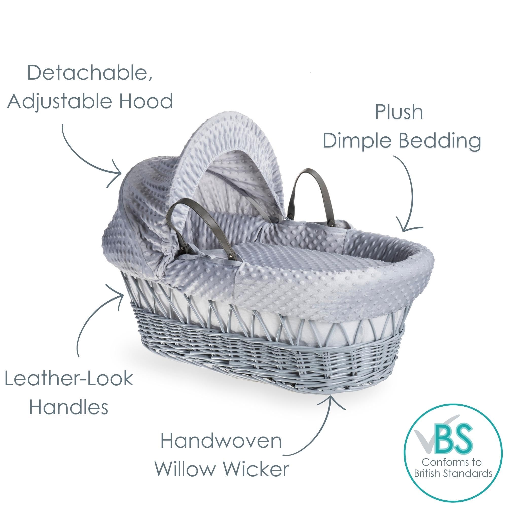 Clair de Lune Moisés de mimbre gris hoyuelo con ropa de cama, 68 x 30 cm (gris)