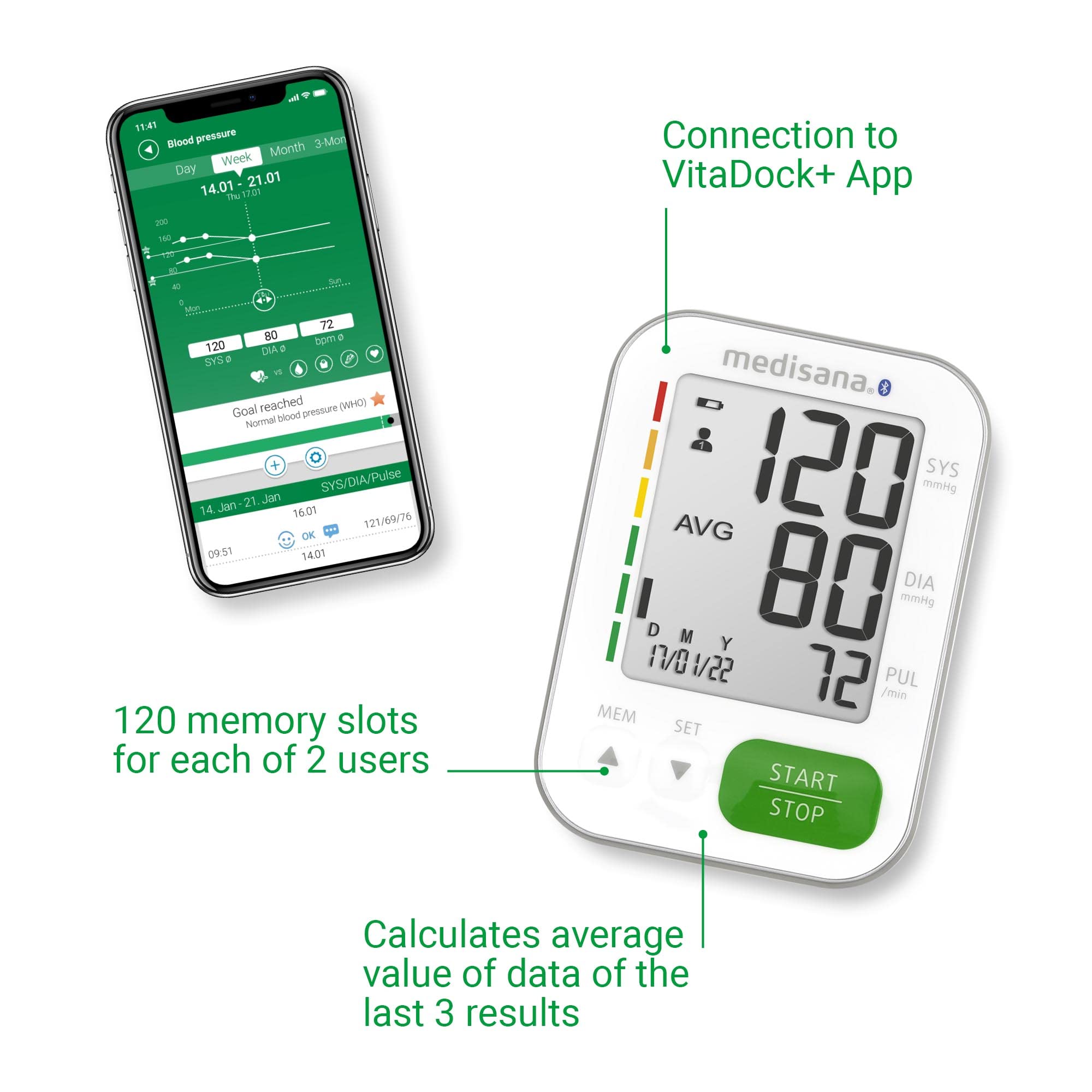 medisana BU 570 connect Tensiomètre à bras, mesure de pression et du pouls avec fonction mémoire et app Bluetooth, échelle de feux tricolores, fonction indication de rythme cardiaque irrégulier