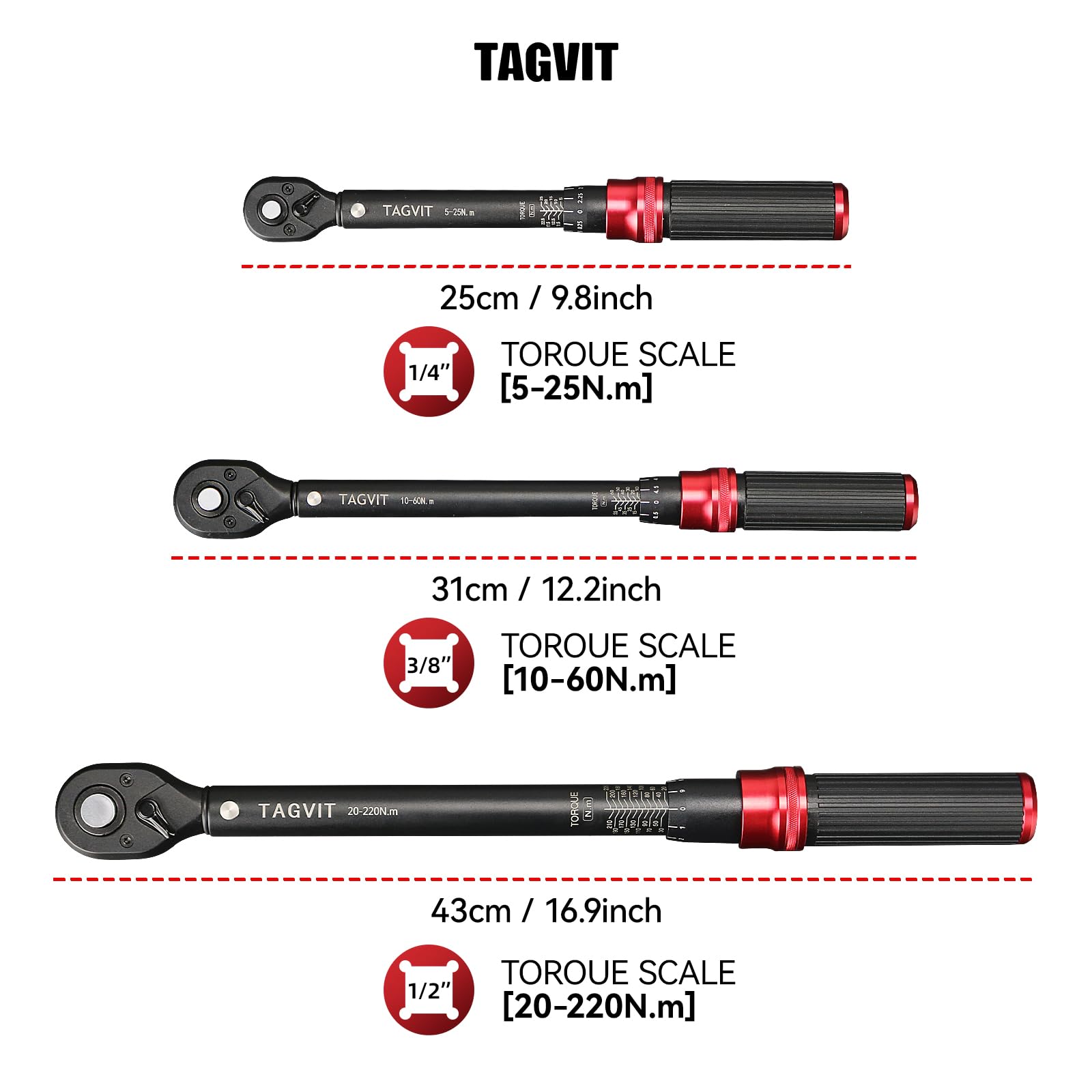 Set di 3 Chiavi Dinamometriche Meccaniche | 5-25Nm / 10-60Nm / 20-220Nm | Massima Precisione, Alta Durata per Officina, Riparazione Auto, Fai da Te e Industria
