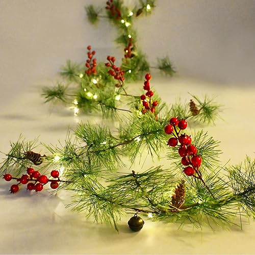 Miniatura 1 de PALONMY Guirnalda de Navidad con luces de 6.56 pies, guirnalda de pino ahumado con 30 luces LED, funciona con pilas, guirnalda de luces con bayas