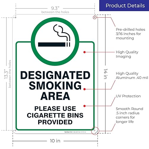 Miniatura 3 de Sigo Signs - Letrero de área de fumar por favor use cigarrillos 10 x 14 pulgadas aluminio libre de óxido 040 resistente a la decoloración fabricado