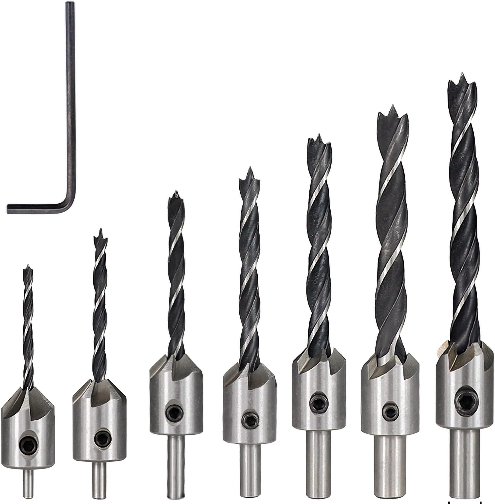 KEWAYO Countersink Drill Bits Set - 7Pcs High-Speed Steel Counter Sink Bits for Woodworking Carpentry, Includes 1 Free Hex Key Wrench