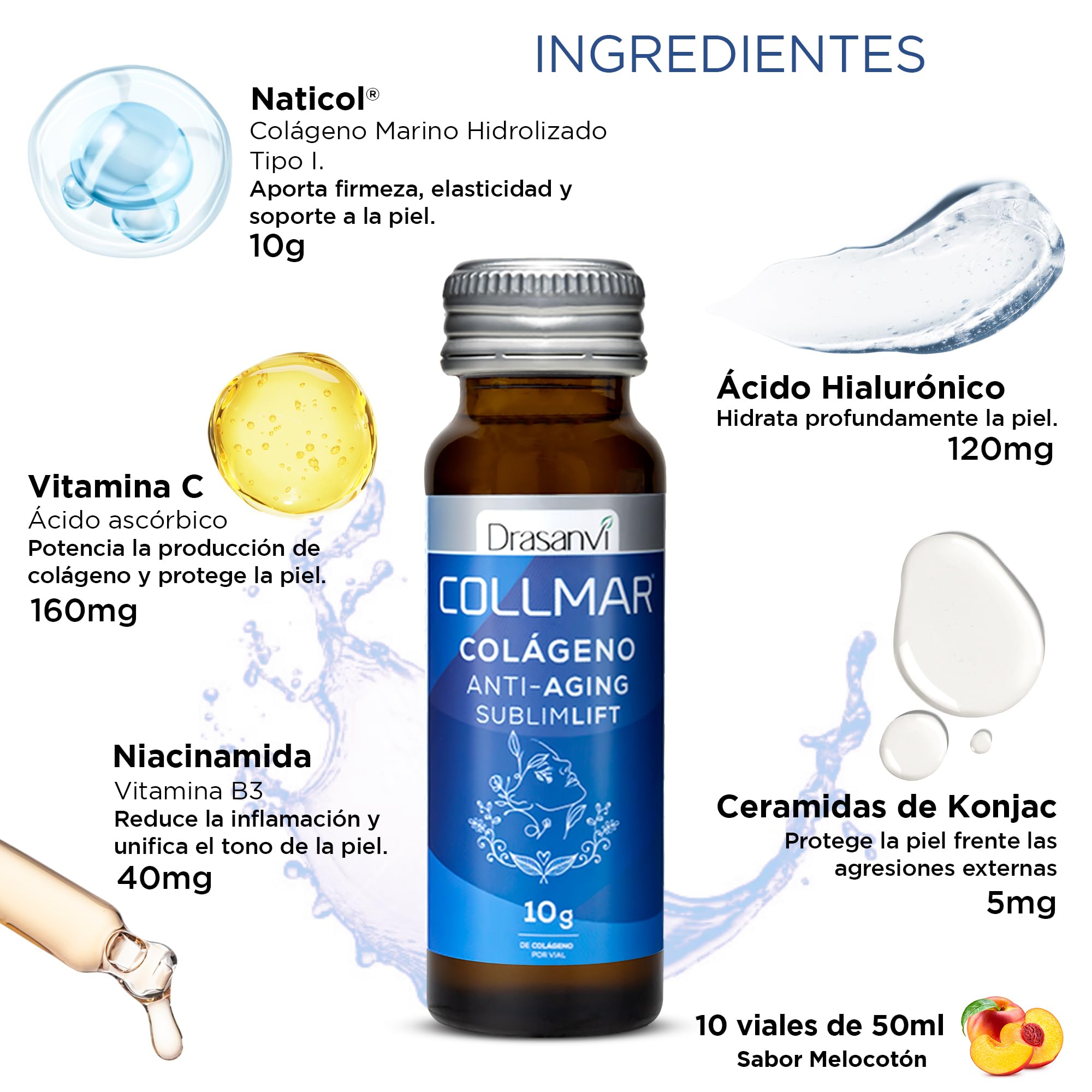 COLÁGENO MARINO SUBLIMLIFT SHOTS | 10g Colágeno Marino Hidrolizado Tipo I + Ácido Hialurónico + 11 Activos | Antiarrugas, Firmeza, Hidratación y Luminosidad | 10 Shots 50ml Melocotón | Drasanvi