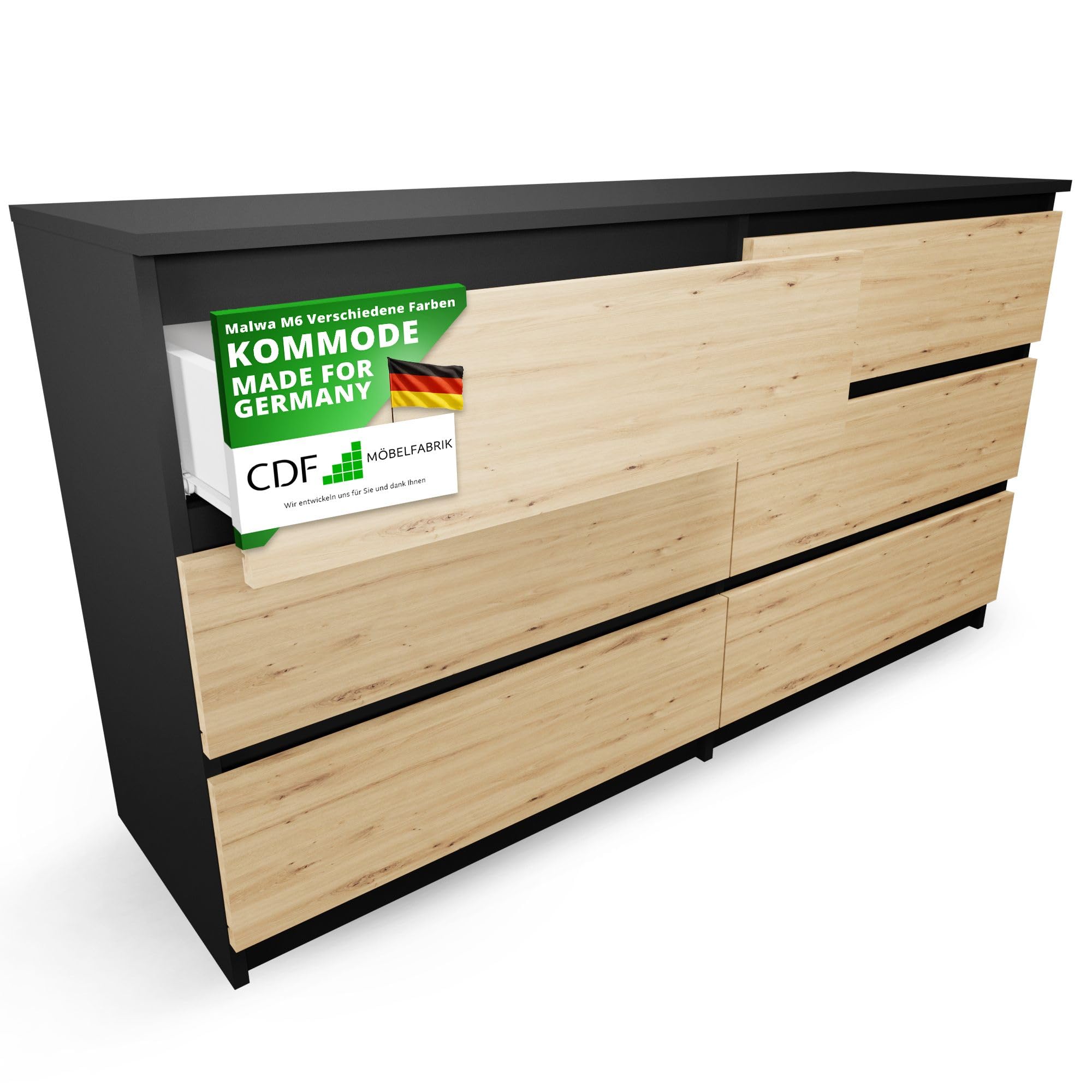CDF Chest of Drawers with 6 Drawers 140 cm Width Sideboard Wide for Hallway Office Living Room Bedroom Cabinet Shelf Modern Durable Laminated Board 16 mm Anthracite/Artisan Oak 40x138x75 cm