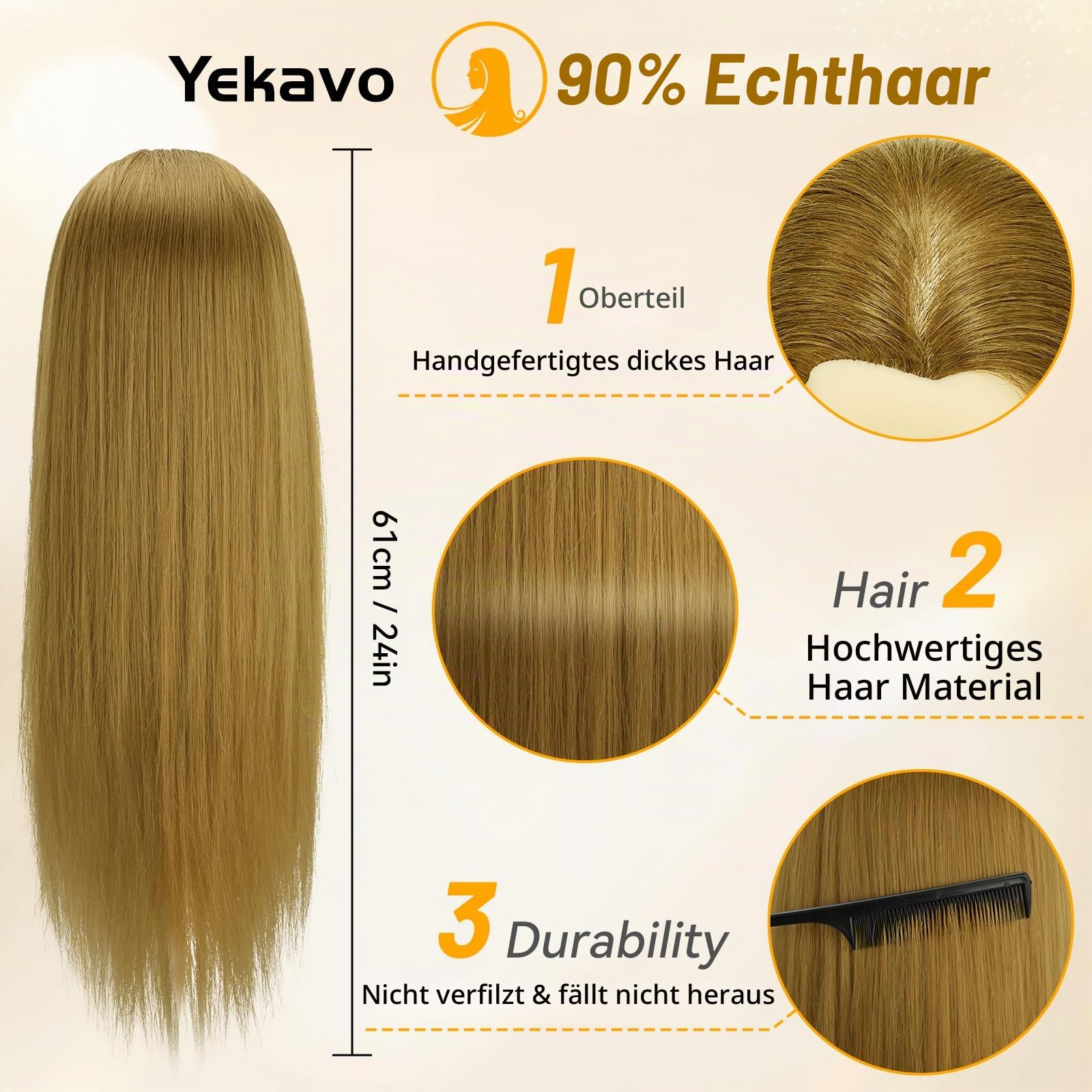 Frisierkopf Echthaar mit Stativ, Trainingskopf mit 90% Echthaar 61cm/24inch, Schaufensterpuppe Kopf Übungskopf, Frisieren Kosmetologie Puppe Kopf mit Tischklemme Halter und Friseur-Werkzeug-Set