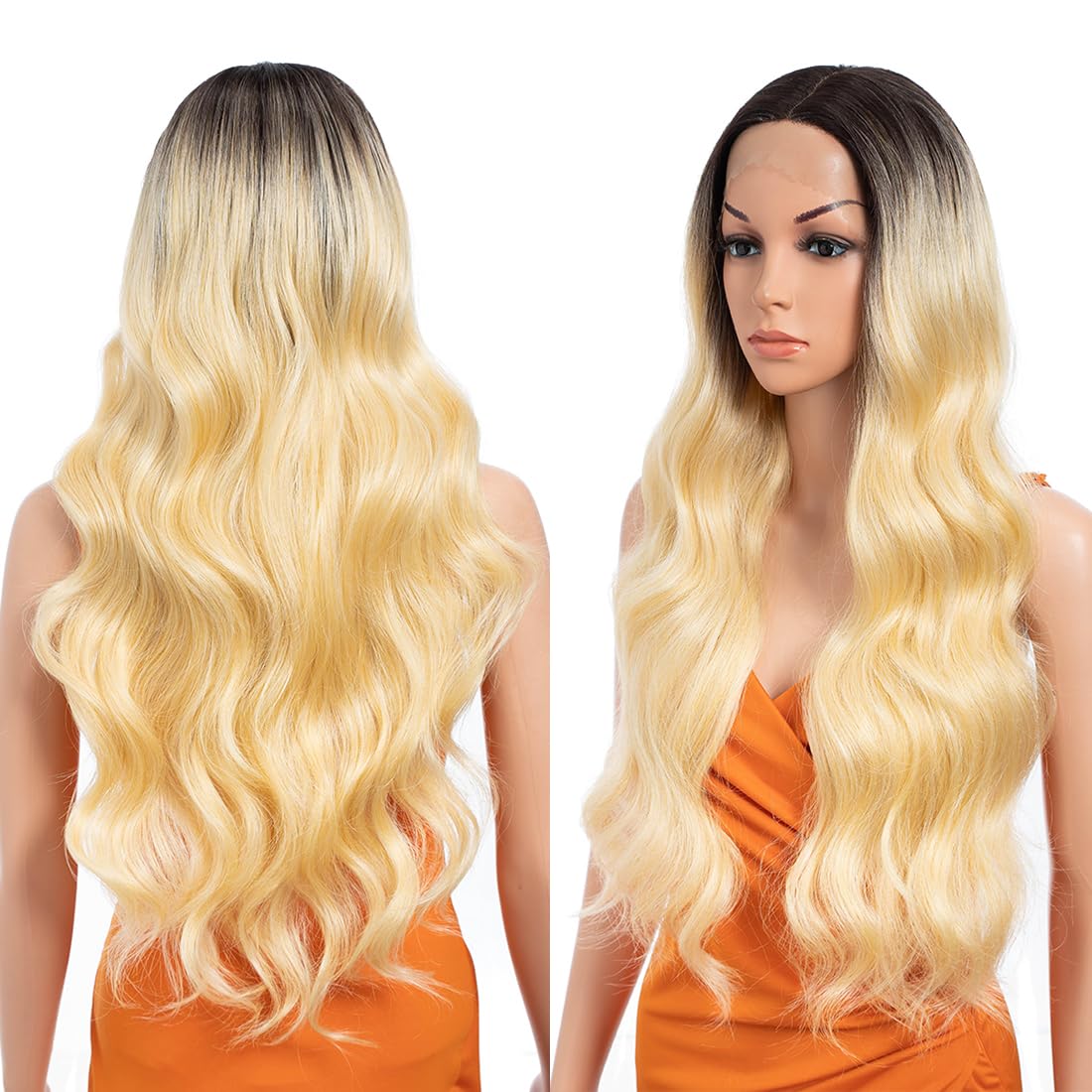 N BLE STAR 30 Inch Body Wave Wig Long Wig 13X4.5X1 Synthetic Lace Front Wig 180 Density black Flax brown Blonde Color Heat Resistant Fiber Hair Pre Plucked Wig TT6/613D - Image 4