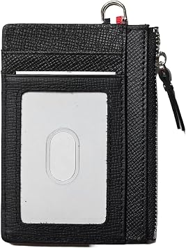 Genuine Saffiano Leather Front Pokcet Slim Minimalist Wallet, ID Badge RFID Card Case with Zipped Pocket Black Holder
