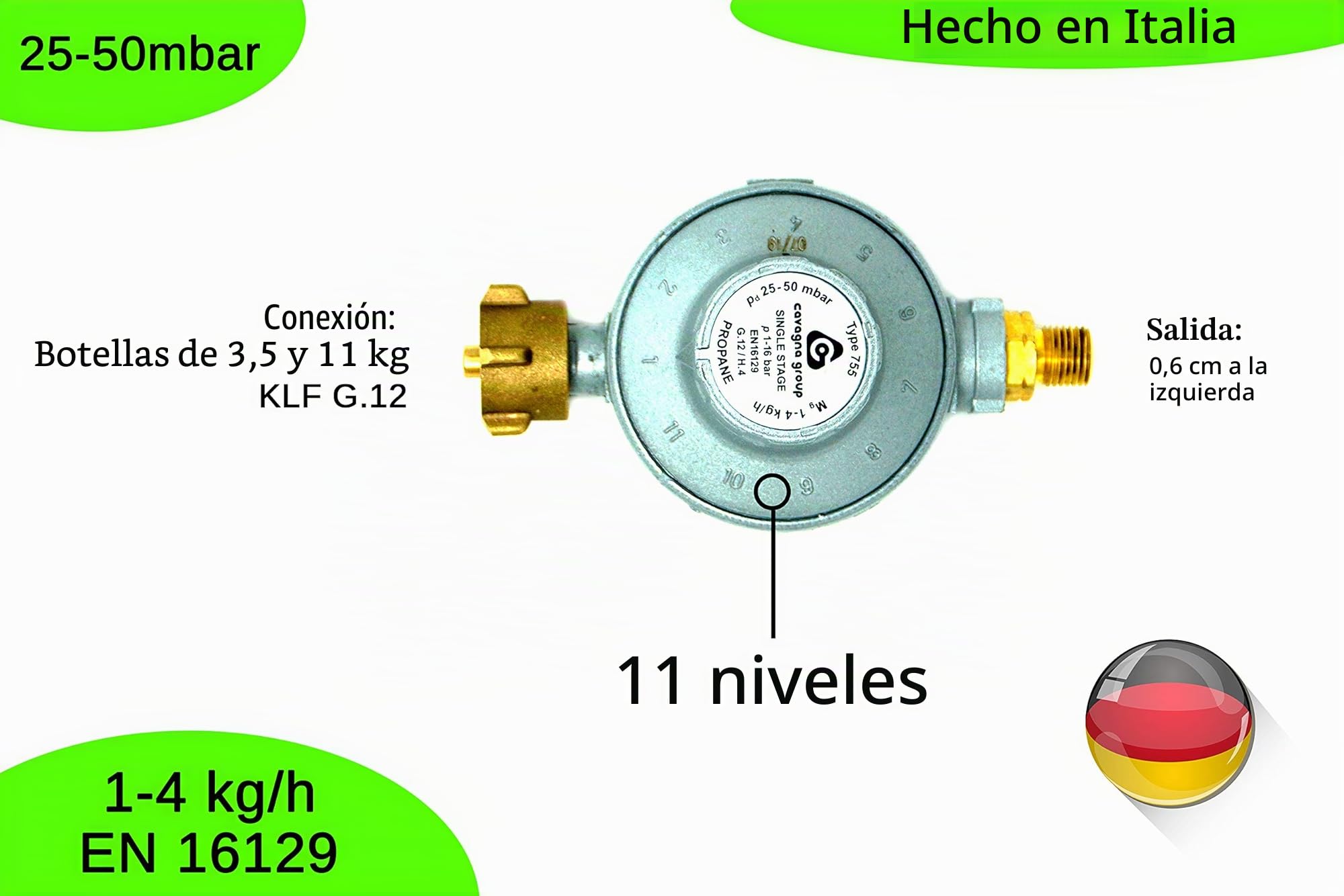 CAVAGNA Regulador de Baja presión 25-50mbar Regulador de presión de Gas Ajustable de 11 etapas para Parrilla de Gas, Calentador Radiante, Calentador Radiante para terraza, Olla
