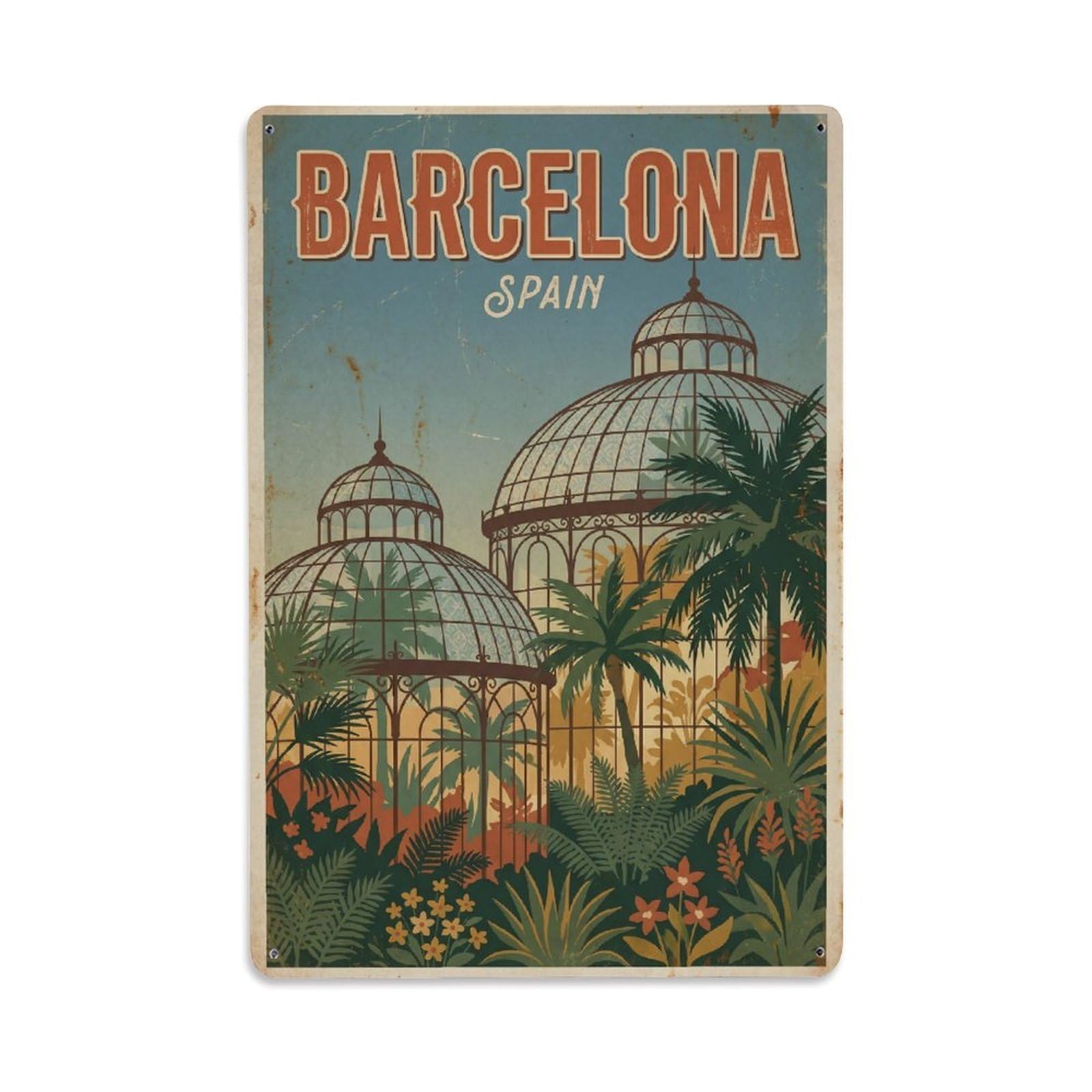 Okngb Style Classic Glasshouses Barcelona Spanish Coastal Travel Metal Tin Sign Plaque Wall Decor For Cafe, Man Cave, Club Bar, Office, Home Garden Round Metal Poster 8X12inch