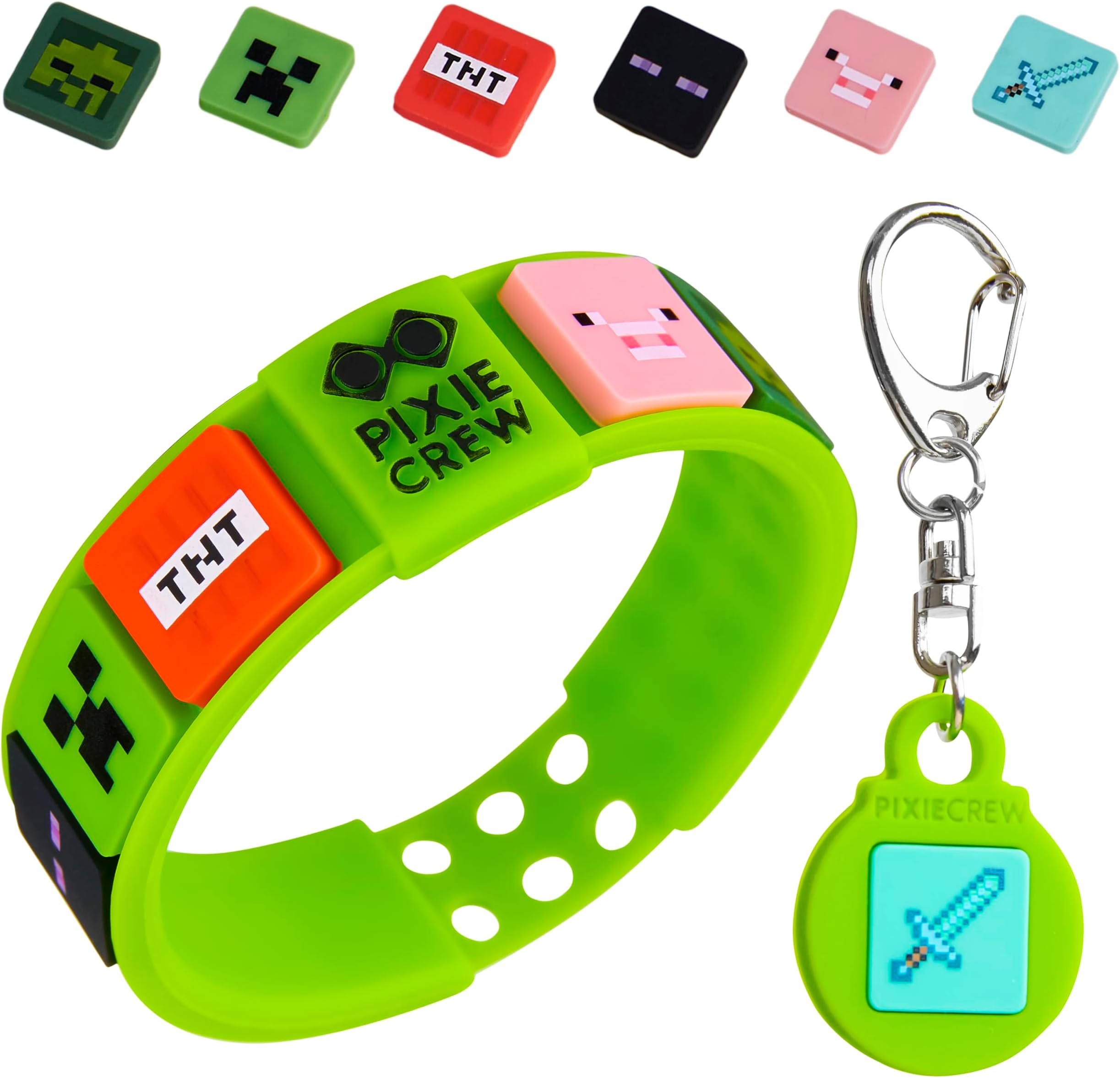 Minecraft Kids Keyrings and Silicone Wristband Set - Creeper Key Chain Set of 4, Collectables Gaming Gifts