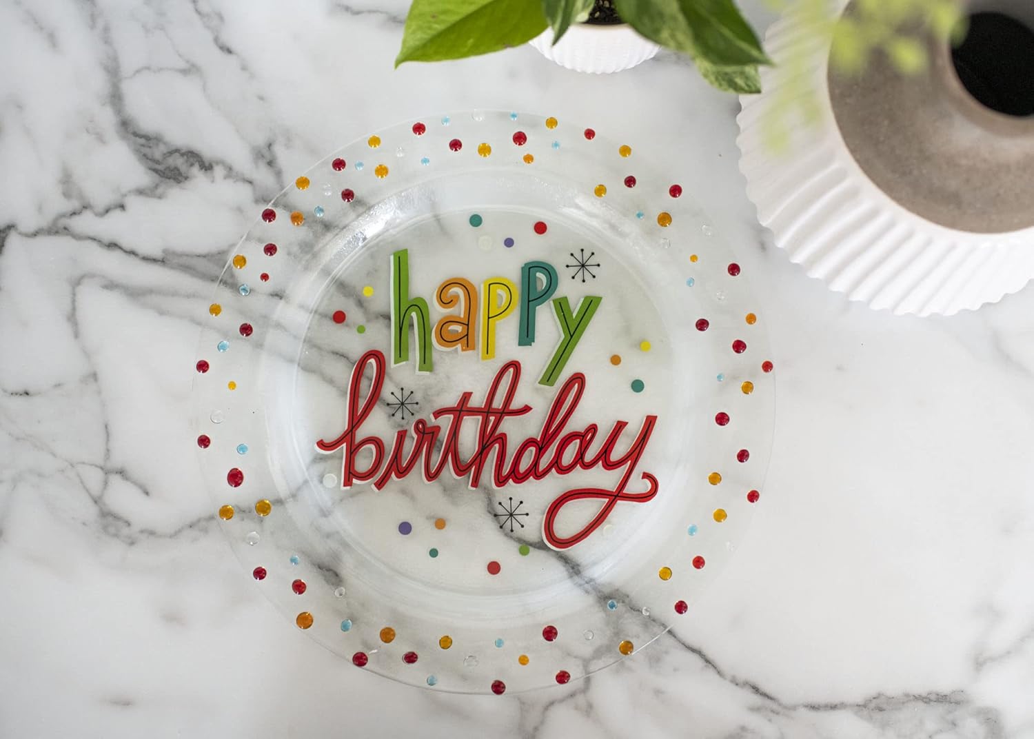 DEMDACO Happy Birthday Confetti Multicolored 14 x 14 Hand painted Glass Platter