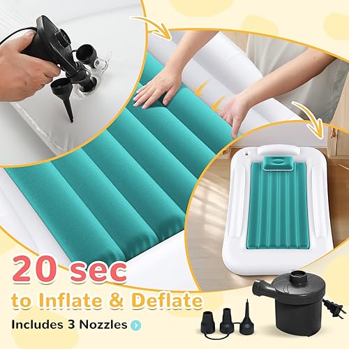 Miniatura 38 de Cama inflable de viaje para niños, colchón de aire portátil y cómodo con parachoques de seguridad de 3 lados, cama inflable para acampar y viajar