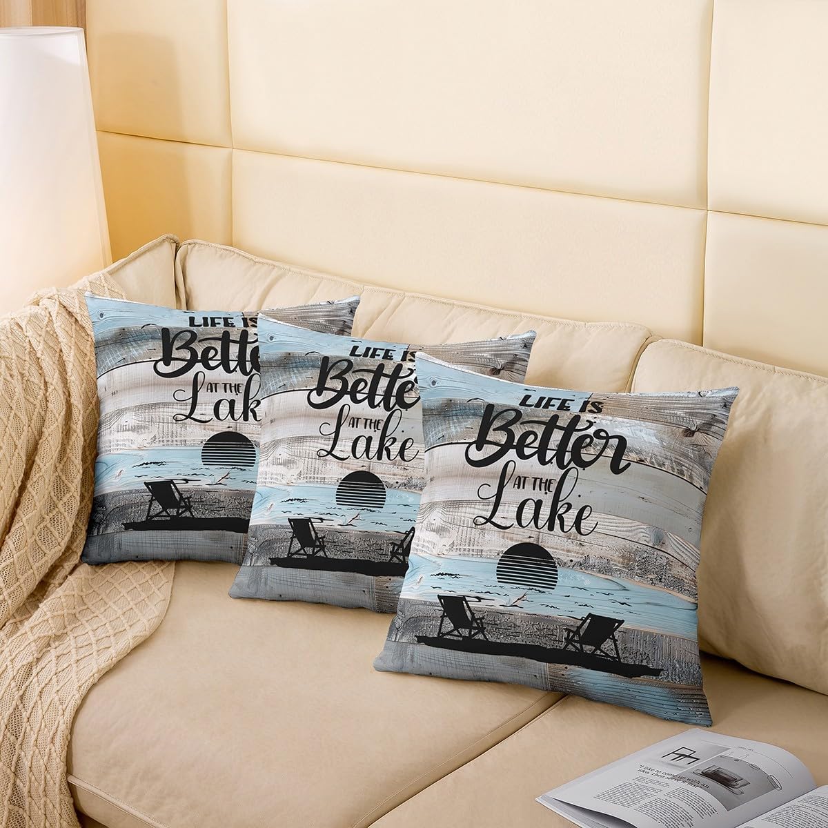 Pack of 4 Lake House Pillow Covers 16x16, Rustic Farmhouse Throw Pillow Covers For Kids Teens Adult Women, Wooden Ocean Beach Cushion Covers, Lake House Decorative Pillow Covers, Blue Grey