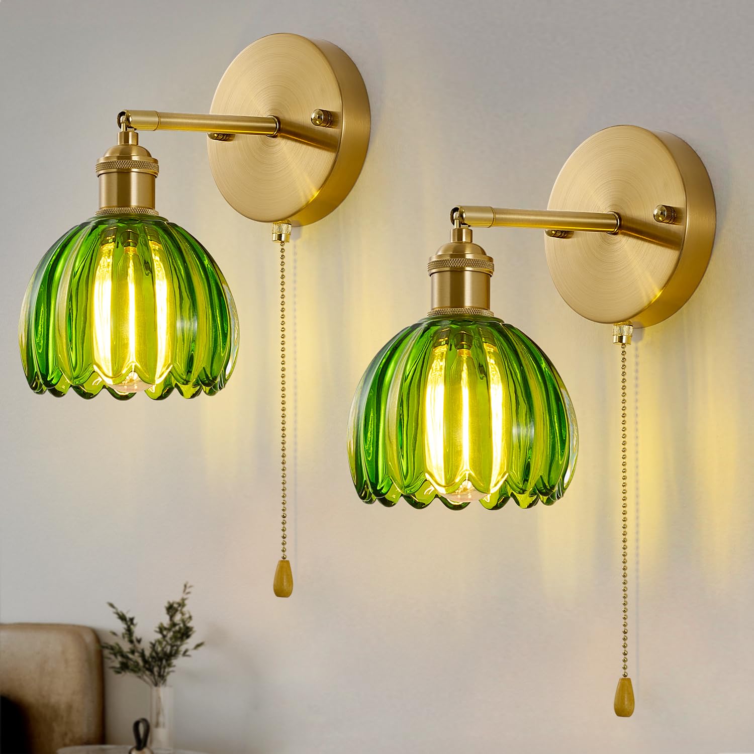 ChenSolara Vintage Wall Sconce 2 Pack, Green Glass Shade Gold Wall Lamp with 12 Inch Cable Switch, Modern Bathroom Wall Sconces Set of Two for Bedroom Corner Hallway