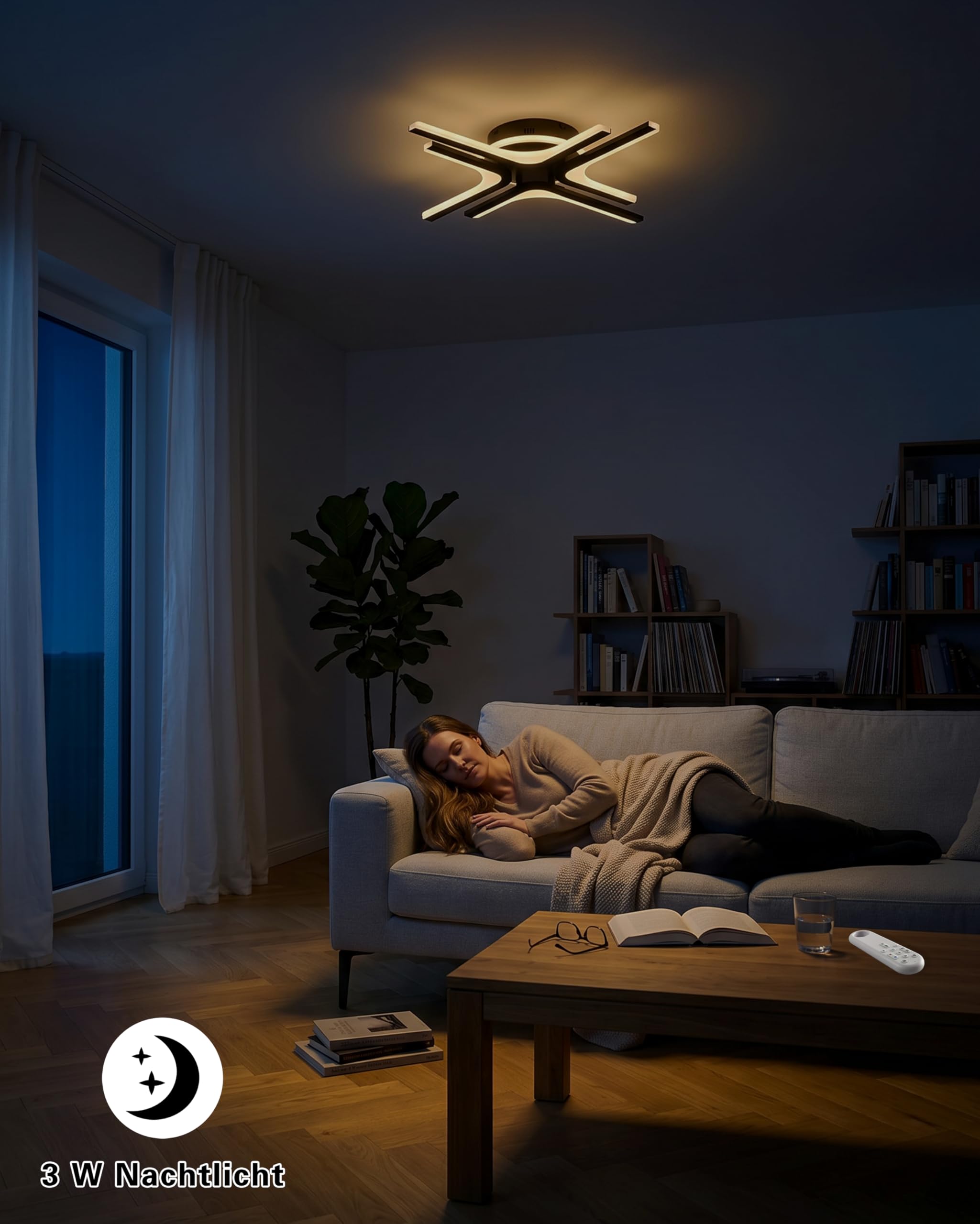 LED Deckenleuchte Dimmbar schwarz Stern, 57cm 32W Farbtemperatur 3000-6000K, Helligkeit 10-100%, Neu Fernbedienung/Mobile APP, Für Schlafzimmer, Wohnzimmer, Flur, Mit Memory-Funktion, 3W Nachtlicht