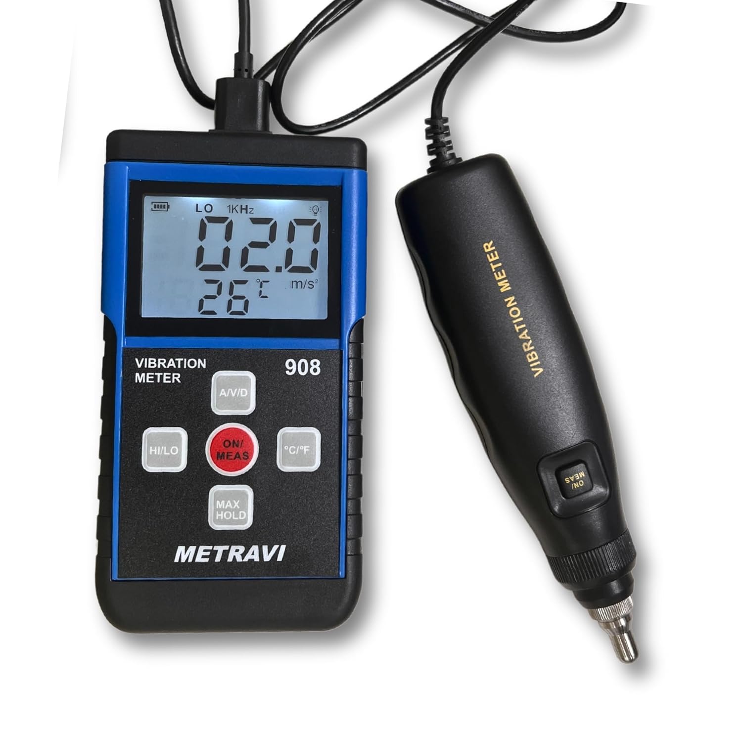 Metravi 908 Vibration Meter connected to its probe via cable.
