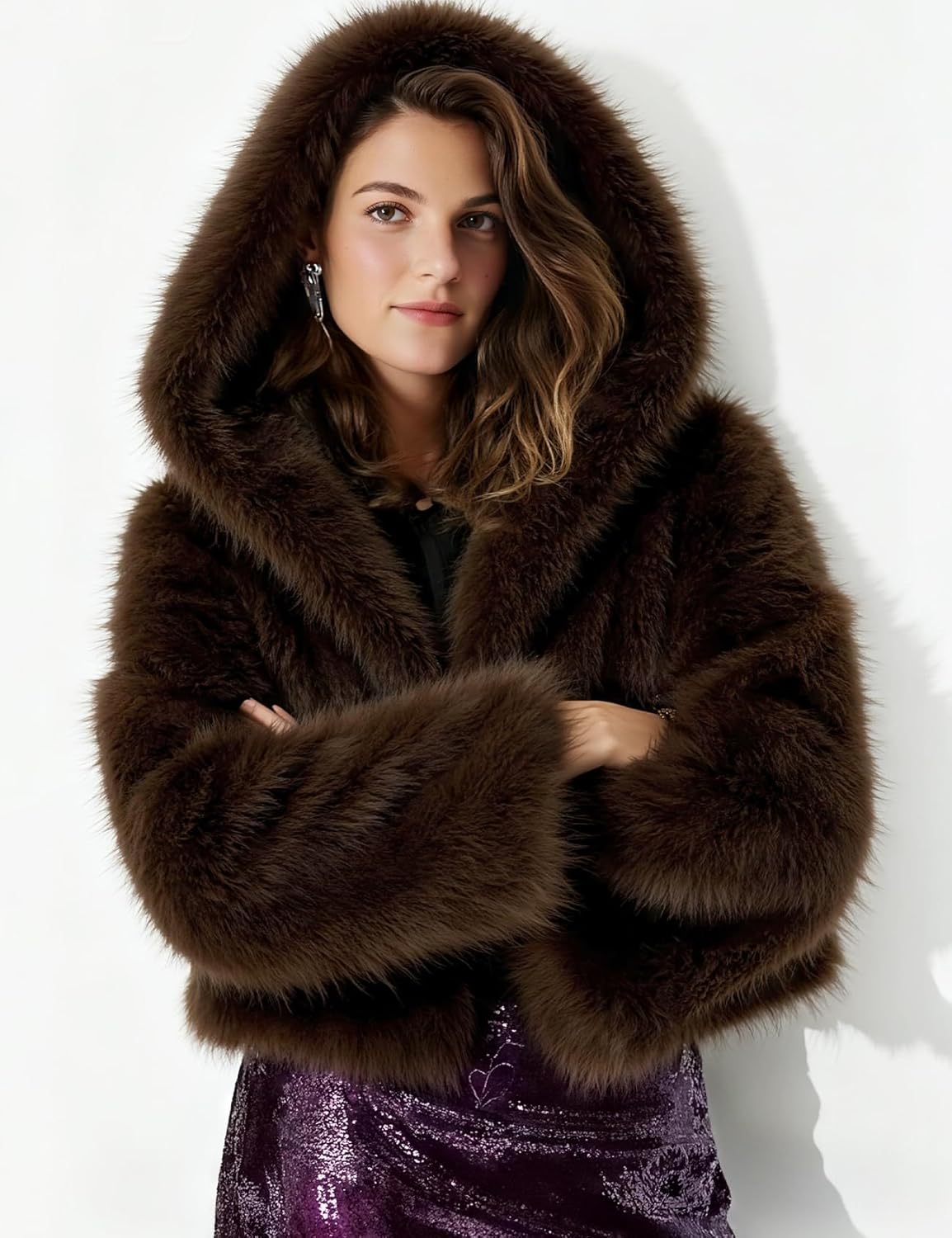 Flygo Womens Faux Fur Coat Cropped Fluffy Hooded Winter Jackets Zip Up Open Front Fuzzy Short Shaggy Warm Coats with Pockets - Image 4