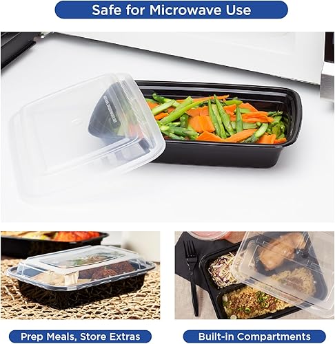 Miniatura 5 de Karat im-fc1030b-2C 38oz PP Moldeo por inyección microondas contenedores de alimentos con tapas transparentes 2compartimentos rectangular negro