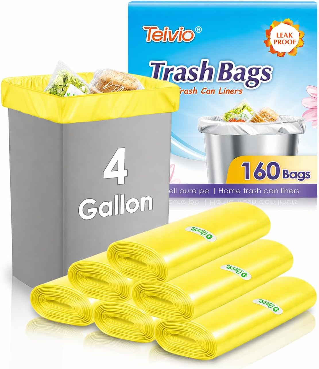 Teivio Small Yellow Trash Bags 4 Gallon 160 Count Kitchen Garbage Bags