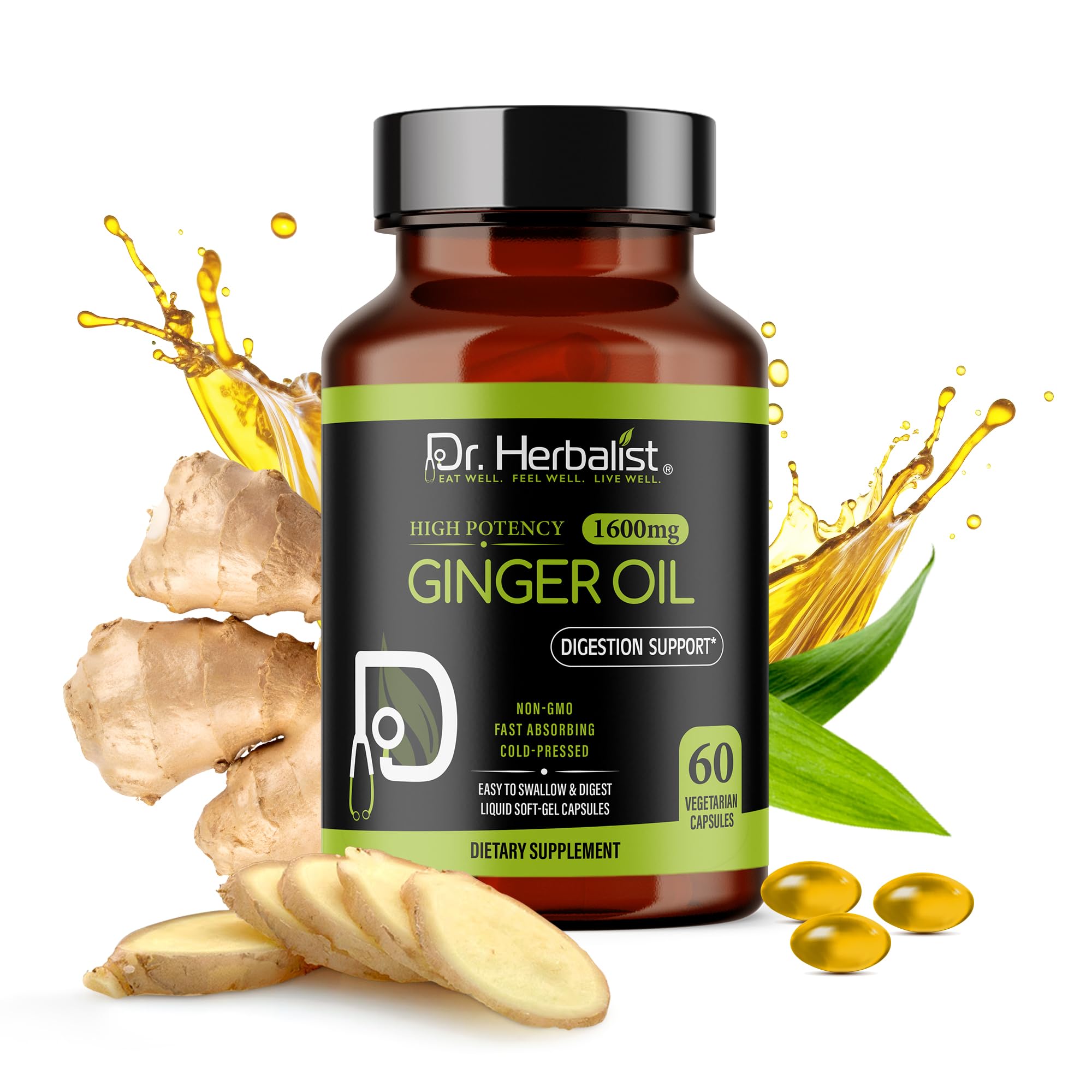 Dr. HERBALIST Ginger Oil Capsules 1600mg, 60 Cold Pressed Zingiber Officinale Softgels with Gingerols and Zingiberene, Halal, High Strength Ayurvedic Supplement, 2 Month Supply
