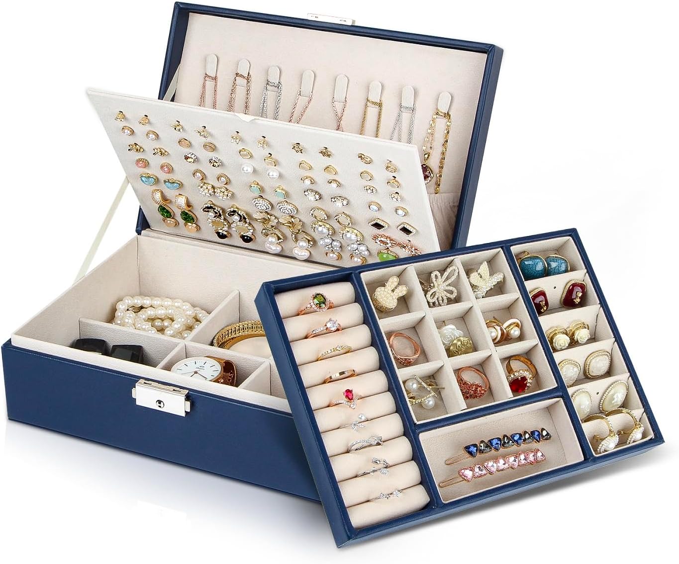 YONZONEJewelry Box for Women Girls, 3 Layer Large Jewelry Organizer Case for Earring Rings Necklaces Bracelets, PU Leather Display Lockable Jewelry Storage Holder Vintage Men Gift, Blue