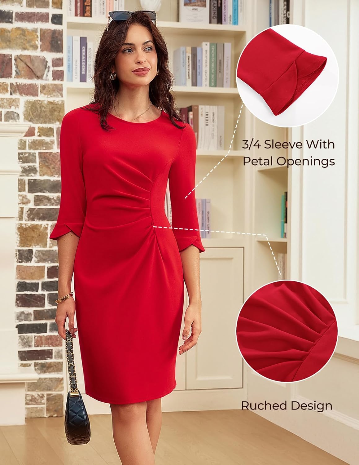 GRACE KARIN Work Dresses for Women 2025 3/4 Sleeve Sheath Business Dress Ruched Bodycon Office Cocktail Dress - Image 4