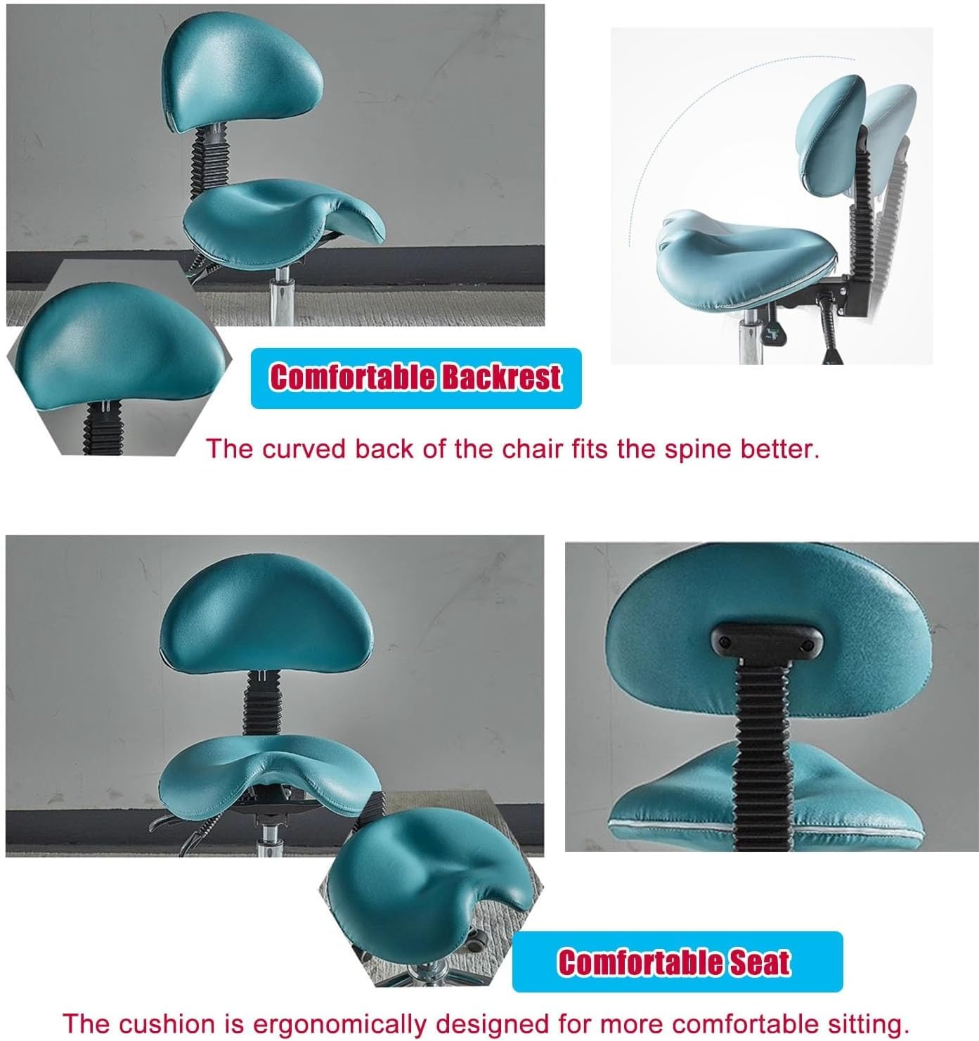 Ergonomiczny stołek podsiodłowy z podparciem pleców i kółkami, hydrauliczny, regulowany, obrotowy, do salonów i higienistek stomatologicznych