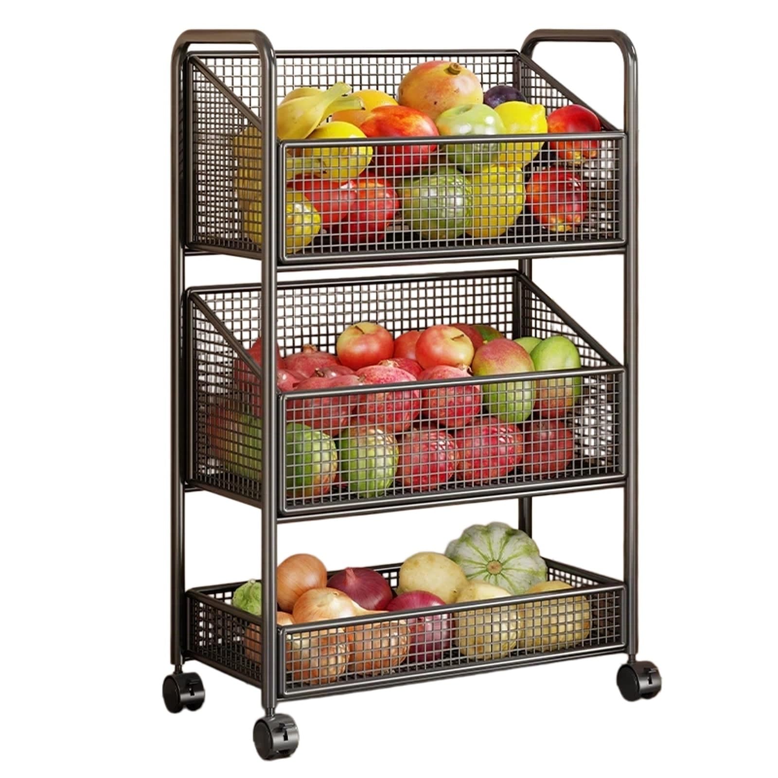 FZL02068LM Kitchen Trolley 3-Tier Rolling Kitchen Cart Movable Vegetable and Fruit Basket Storage Shelf(Black)