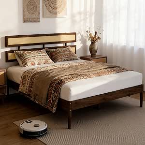 VINGLI Solid Wood Queen Size Rattan Bed Frame with Headboard, Boho Platform Panel Bed, Brown