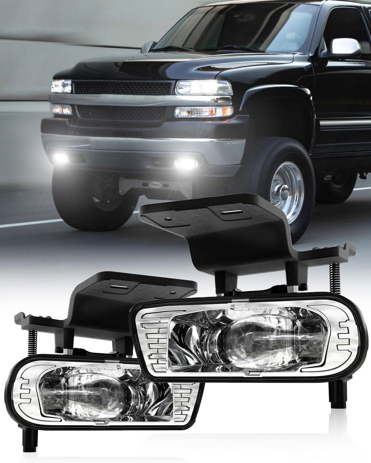 LED Fog Lights Replacement Fog Lamps Driving lights Compatible with Chevy Silverado 1999-2002, Suburban 2000-2006, Tahoe 2000-2006 DOT Approved Clear Lens - Chrome/Silver