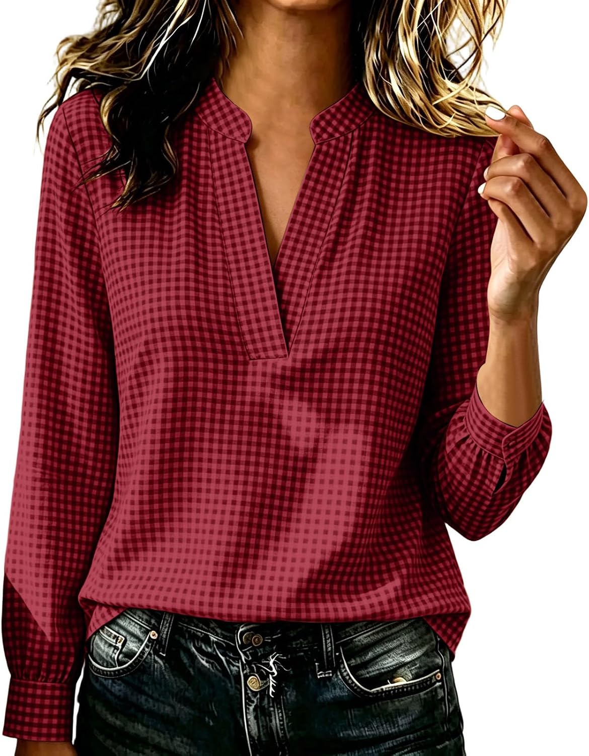 Gingham V Neck Blouse Womens Long Sleeve Split Neck Plaid Tunic Top | Split Neck Gingham Blouse Relaxed Long Sleeve Dressy Plaid Shirts for Office, Commute, and Casual Styling