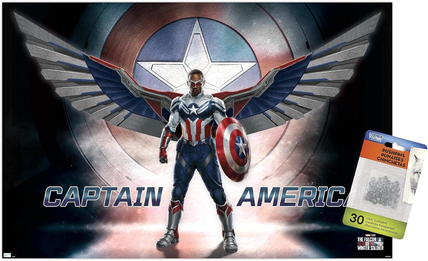 Trends International Marvel Falcon and Winter Soldier - Falcon Wings Wall Poster, 22.37" x 34.00", Premium Poster & Push Pin Bundle