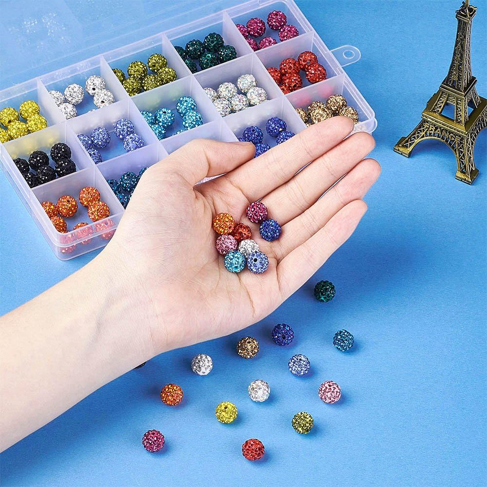Beadthoven 1Box/150pcs 10mm 15 Colors Pave Czech Crystal Rhinestone Clay Spacer Beads Round Polymer Disco Ball Beads Charms for DIY Bracelet Earring Jewelry Making