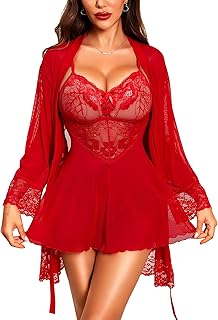 RSLOVE Lingerie Sets for Women Sexy - 3 Piece Babydoll and Lace Kimono Robe Chemise Mesh Nightgown Sleepwear